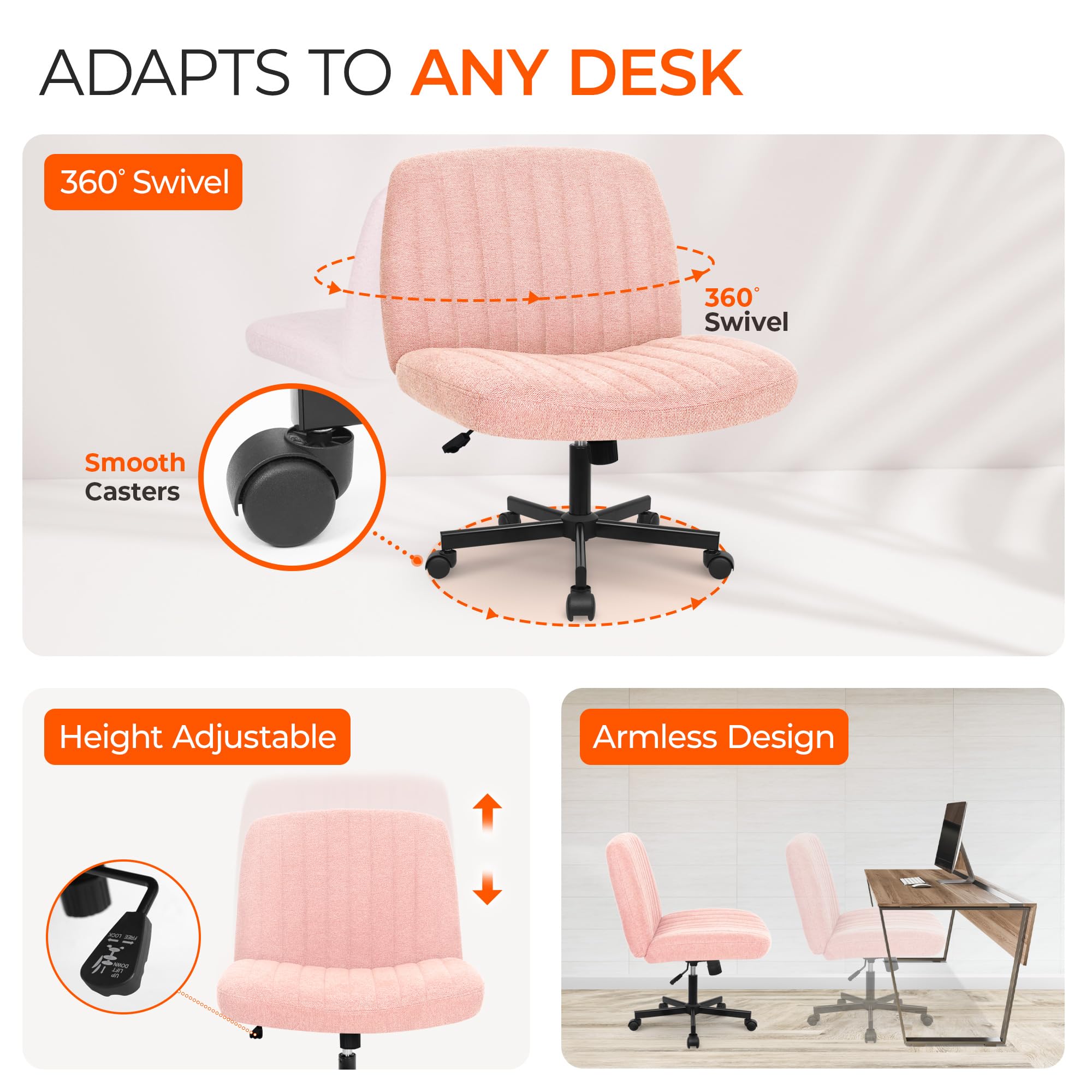 Orange Factory Criss Cross Chair with Wheels - Adjustable Rolling Armless Office Chair for Home & Desk, Comfy Cross-Legged Vanity Makeup Chair in Soft Fabric (Pink) - Perfect for Home Office, Gaming & Beauty Stations