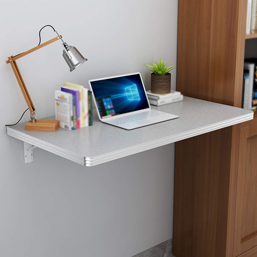 Foldable Wall Mounted Table with Storage Shelf - Space Saving Drop Leaf Desk for Bedroom, Bathroom & Kitchen - White Multi-Purpose Folding Computer Table for Small Spaces & Home Office Use