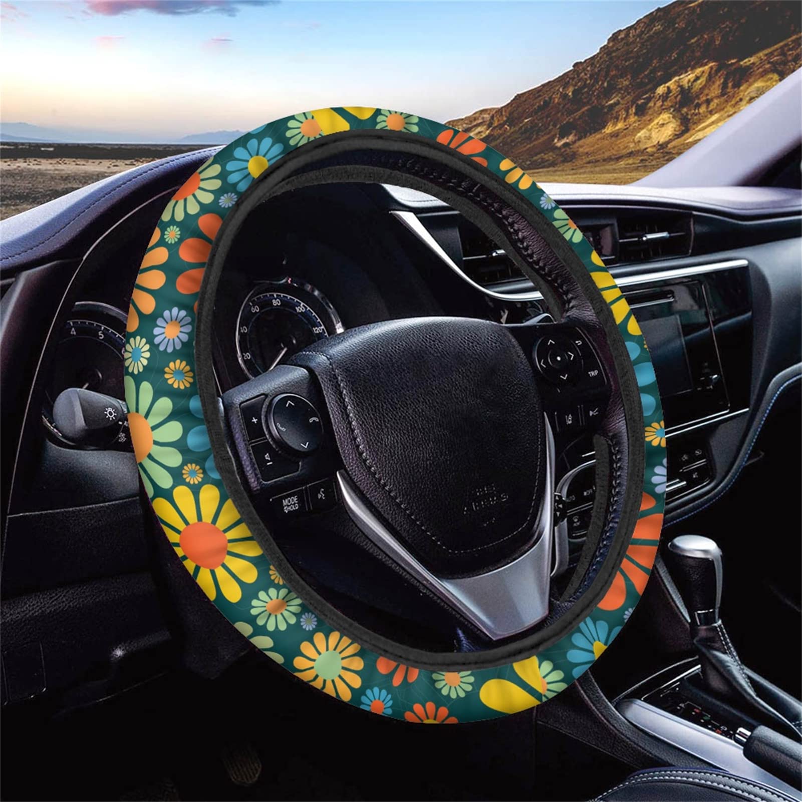 Belidome Abstract Hippie Flower Car Steering Wheel Cover - Universal Fit, Soft Comfort & Non-Slip Auto Accessories for Vehicle Decor | Perfect for Vintage Cars, Road Trips & Boho Style Interior