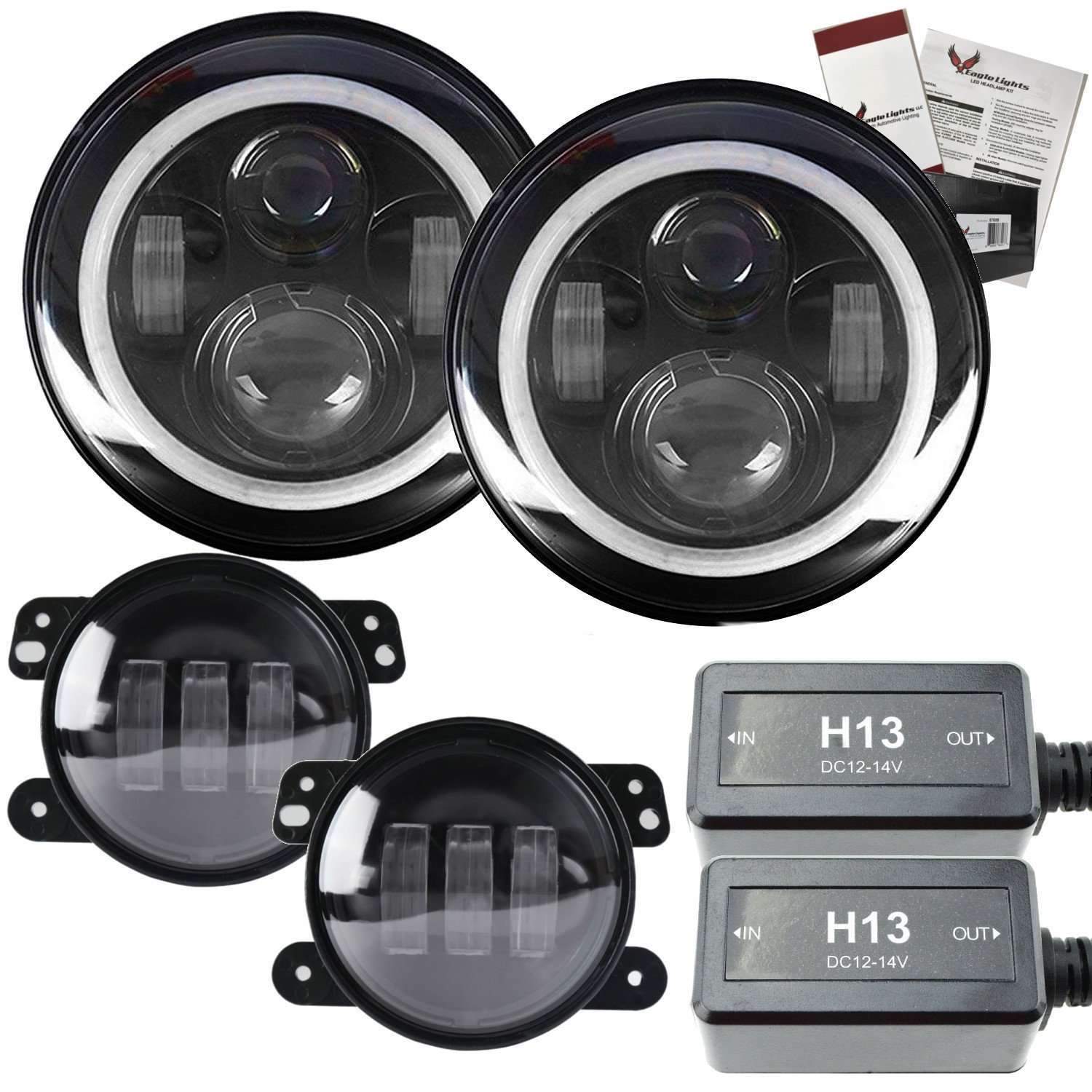 Eagle Lights 7 LED Headlight Kit for Jeep Wrangler & Gladiator - White LED Halo Rings, High Brightness, Plug & Play - Double Pack - Perfect for Off-Roading & Night Driving