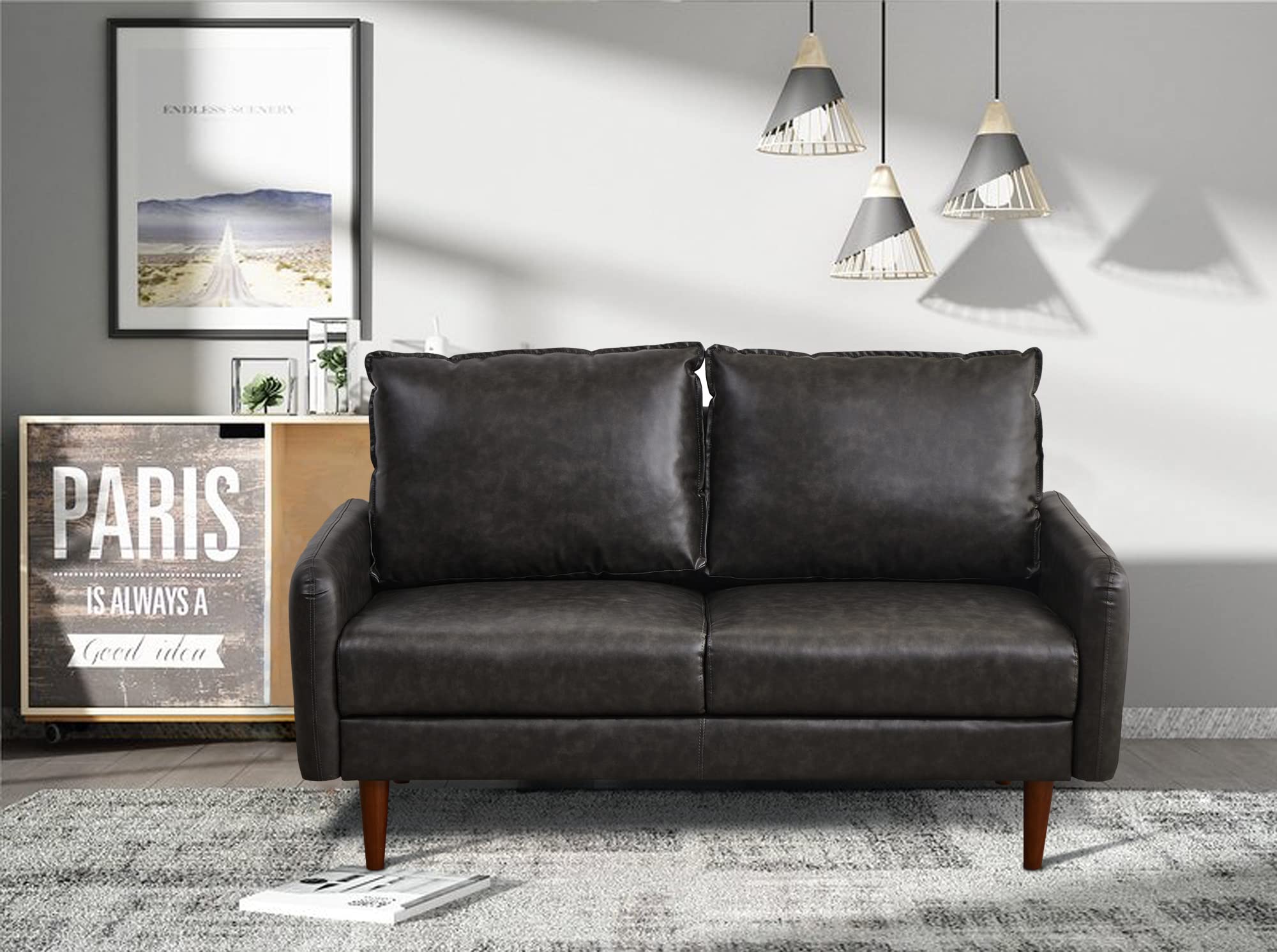 Modern Leather Loveseat Sofa with Wooden Legs - Dark Grey Comfortable Couch for Living Room, Office & Small Spaces - Perfect for Apartments, Reading Nooks & Cozy Home Decor