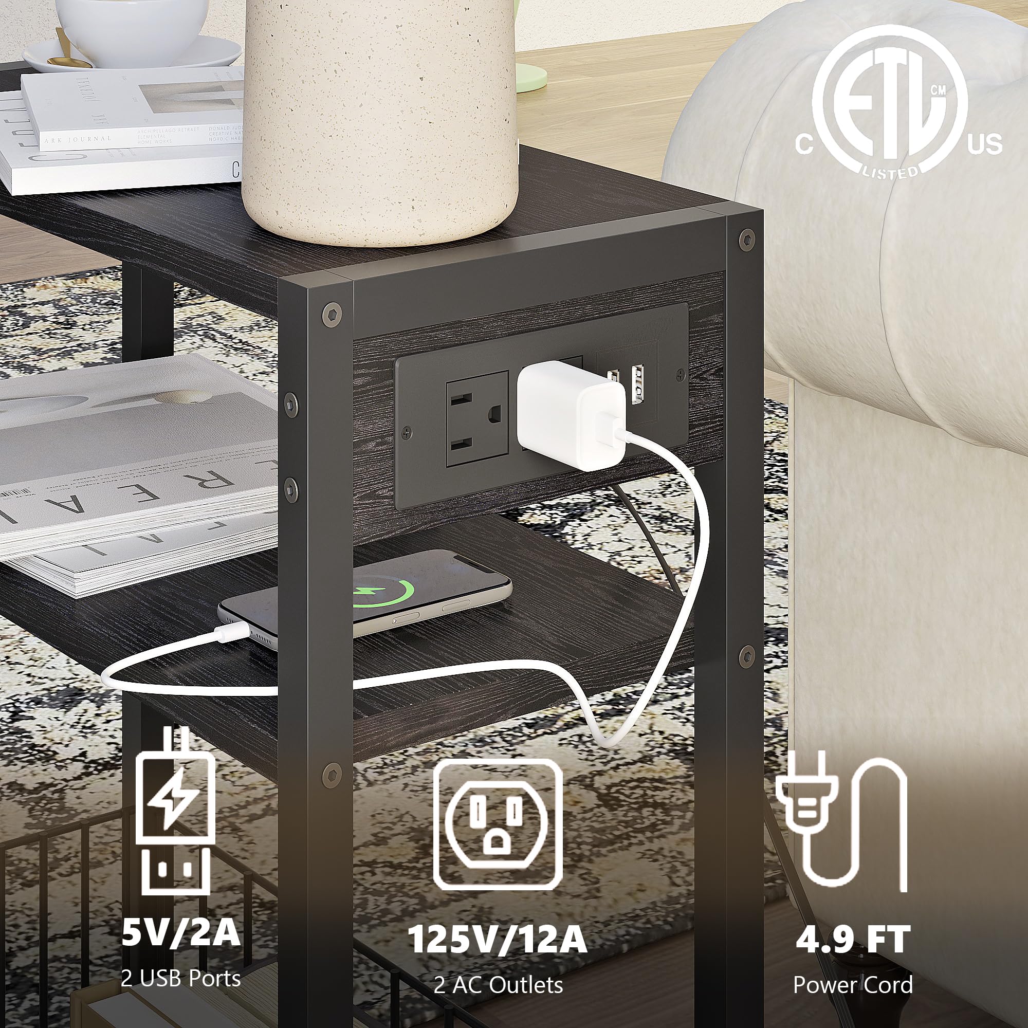 Slim Narrow Side Table with USB Charging Station - 3-Tier Small End Table with Storage Basket for Bedroom, Living Room - Space-Saving Nightstand for Apartments, Dorms - Black (Perfect for Tight Spaces, Charging Devices & Organizing Essentials)