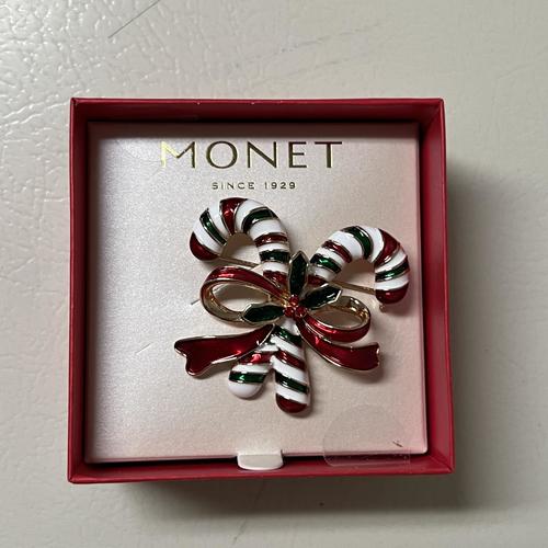 Monet Jewelry Christmas Candy Cane Multi-Color Glass Brooch Pin - Festive Holiday Accessory for Sweaters, Scarves & Gift Giving