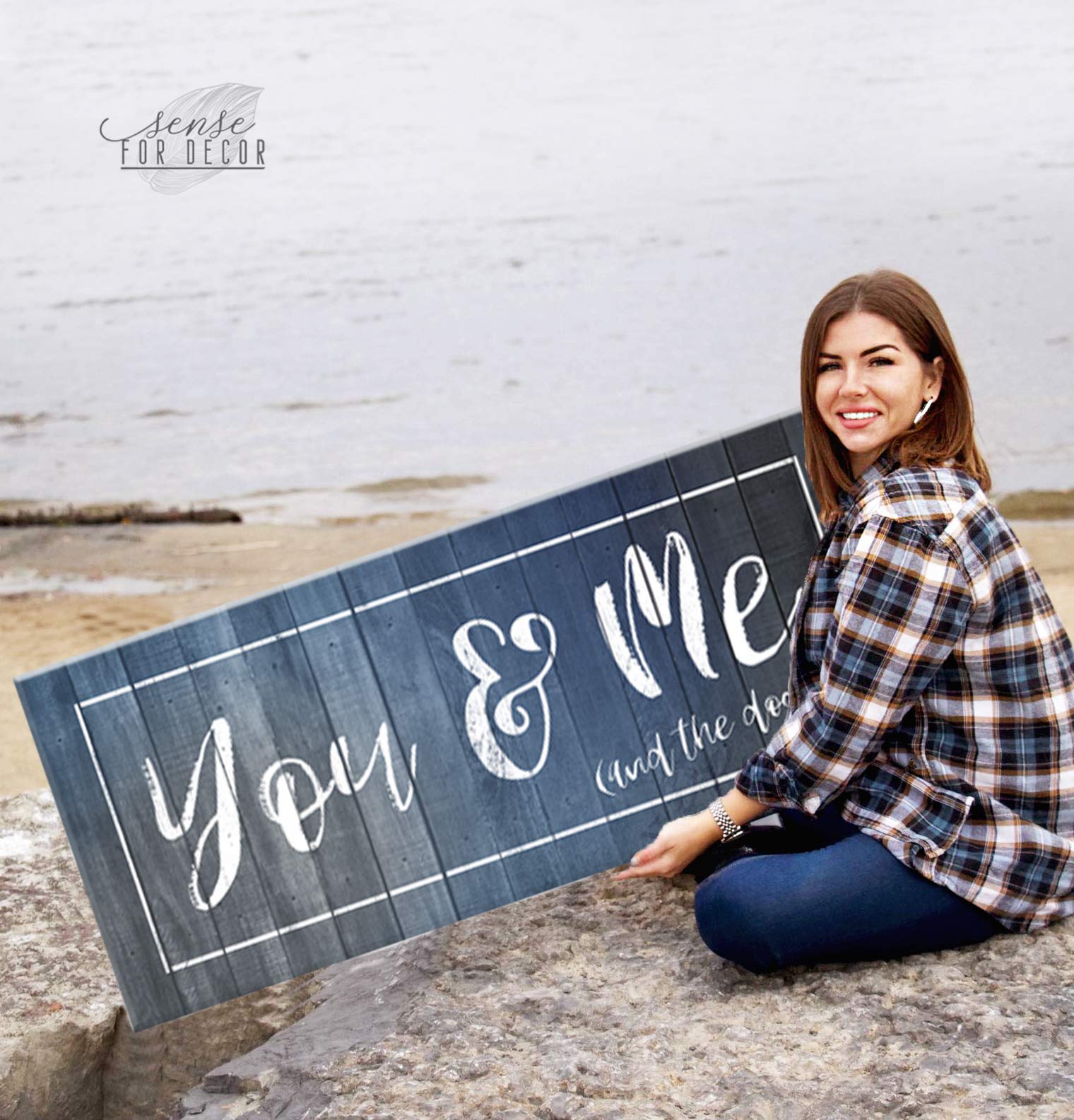 Dog Lovers Wall Art - 'You, Me And The Dogs' Couples Home Decor Sign | 60x27 Inch Blue Canvas Print for Bedroom Above Bed | Perfect Gift for Dog Owners & Pet-Themed Room Decor