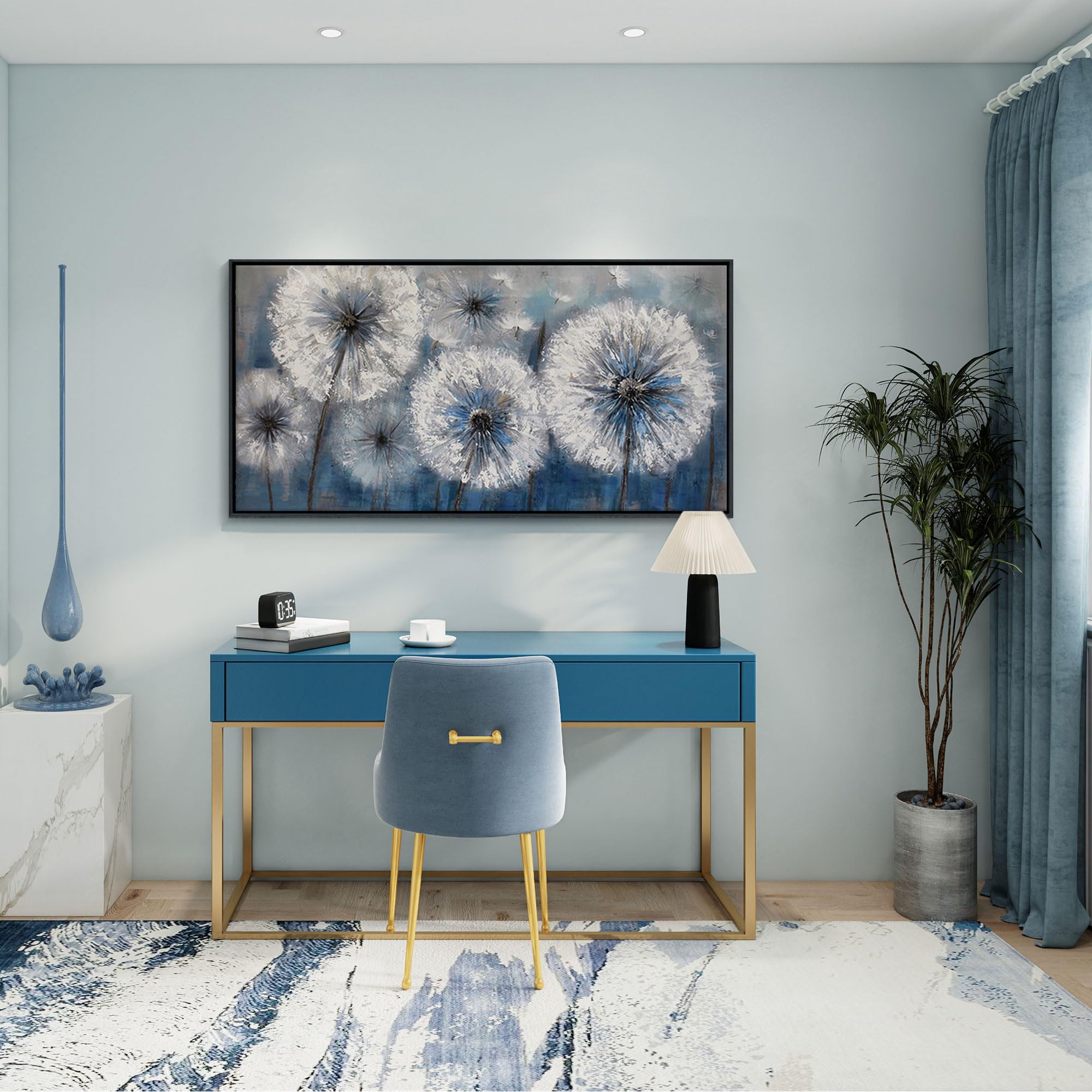 KLAKLA Large Blue Dandelion Canvas Wall Art - Framed Botanical Landscape Painting for Living Room & Bedroom Decor | Perfect for Home, Office & Spa Interior Design