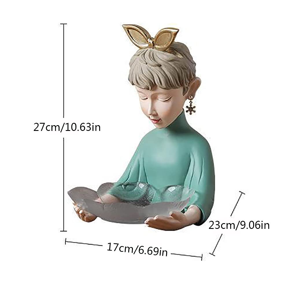 Nordic Style Resin Fruit & Candy Tray - Creative Storage Plate with Girl Sculpture, Modern Metal Key & Coin Holder for Living Room, Entryway, Desk Decor - Green, 17x23x27cm - Perfect for Home Decor, Party Serving & Organizing Small Items
