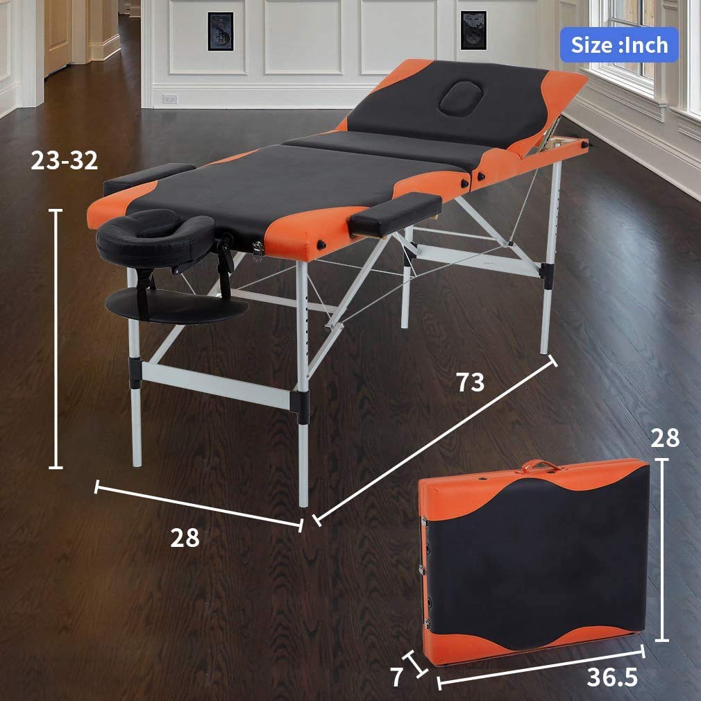 DKELI Portable Foldable Massage Table - 84 Inch Adjustable Height, 3-Fold Salon Spa Bed with Aluminum Legs, Face Cradle & Carry Case - Supports 450LBS - Perfect for Tattoo, Facial, and Professional Massage Therapy