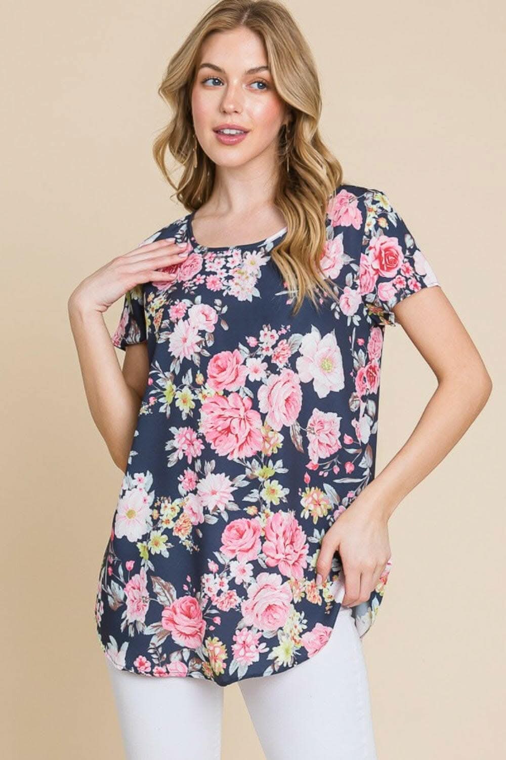 BOMBOM Floral Print Round Neck Short Sleeve T-Shirt for Women - Casual Summer Top for Outing, Dating & Vacation
