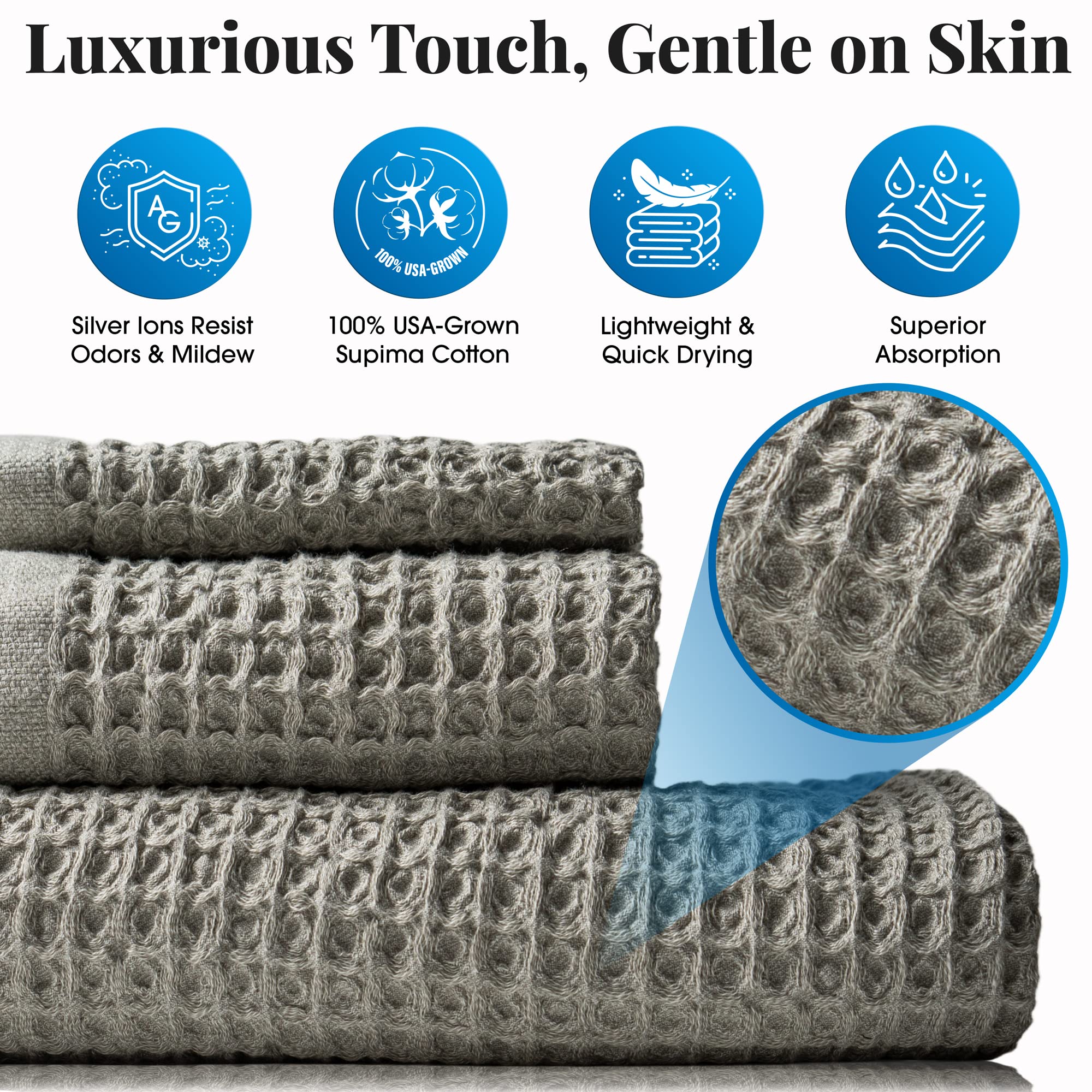 Premium Silver Infused Waffle Weave Towel - 100% USA Grown Supima Cotton, Ultra Absorbent & Quick Drying - Luxury Spa & Bath Towel for Home & Travel (Dune Brown) - Perfect for Showers, Beach & Gym