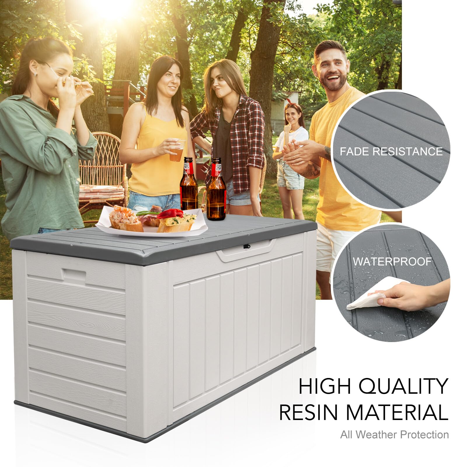 150 Gallon Outdoor Storage Box - Waterproof Resin Deck Box with Lock - Large Patio Storage Container for Furniture, Cushions, Garden Tools & Pool Supplies - White - Perfect for Backyard, Deck & Poolside Organization