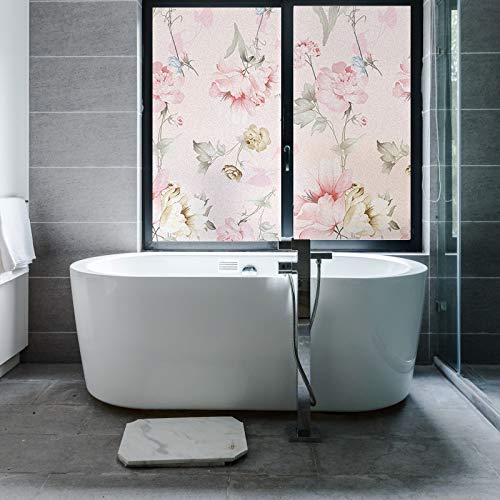 Pink Flower Window Privacy Film - No Glue Static Cling Window Cover for Bathroom, Sliding Doors & Home Décor - 15.7
