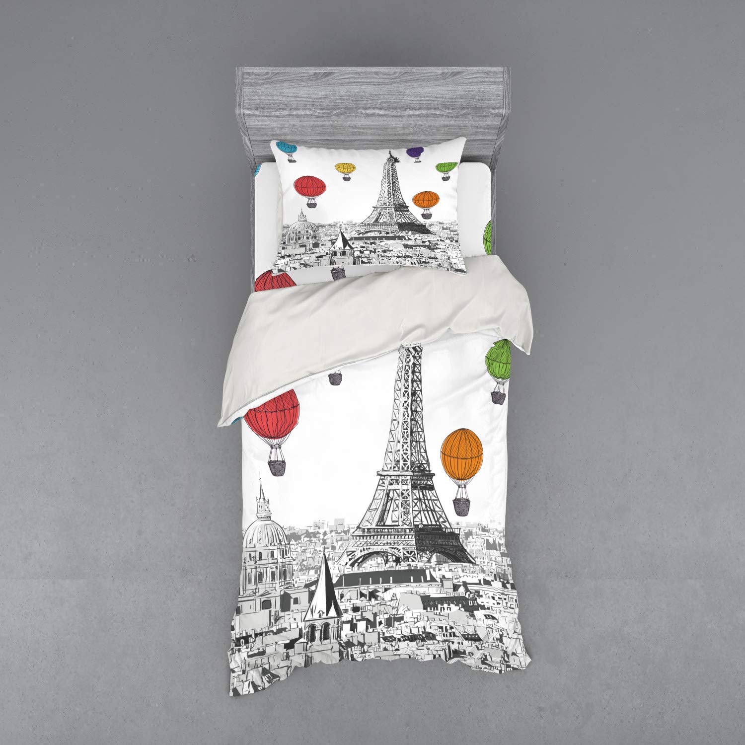 Ambesonne Paris Bedding Set - Grey Eiffel Tower & Notre Dame with Rainbow Hot Air Balloons | 3-Piece Duvet Cover Set with Pillow Sham & Fitted Sheet | Twin Size Multicolor | Perfect for Paris-Themed Bedrooms & Travel Enthusiasts