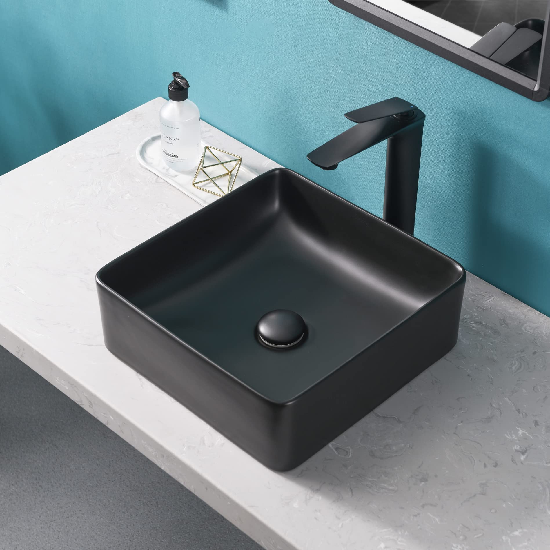 Davivy 14.3'' Matte Black Square Ceramic Vessel Sink with Pop-Up Drain - Modern Above Counter Bathroom Sink for Vanity, Powder Room & Luxury Bath Decor