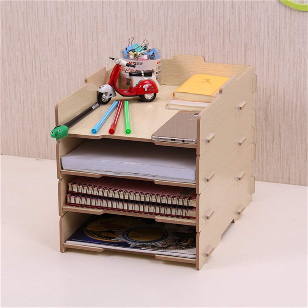 4-Tier Stackable Wooden Office File Organizer - A4 Letter Paper Storage, Magazine Rack & Desk Organizer for Home & Office - Perfect for Document Filing, Stationery Storage & Workspace Organization