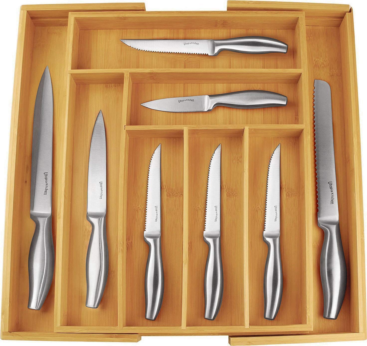 Utopia Kitchen Expandable Bamboo Silverware Organizer - 6-8 Slots Cutlery & Utensil Drawer Organizer for Knives, Forks, Spoons - Flatware Holder for Kitchen Storage (Natural, Pack of 5) | Perfect for Home, Restaurant & Office Organization