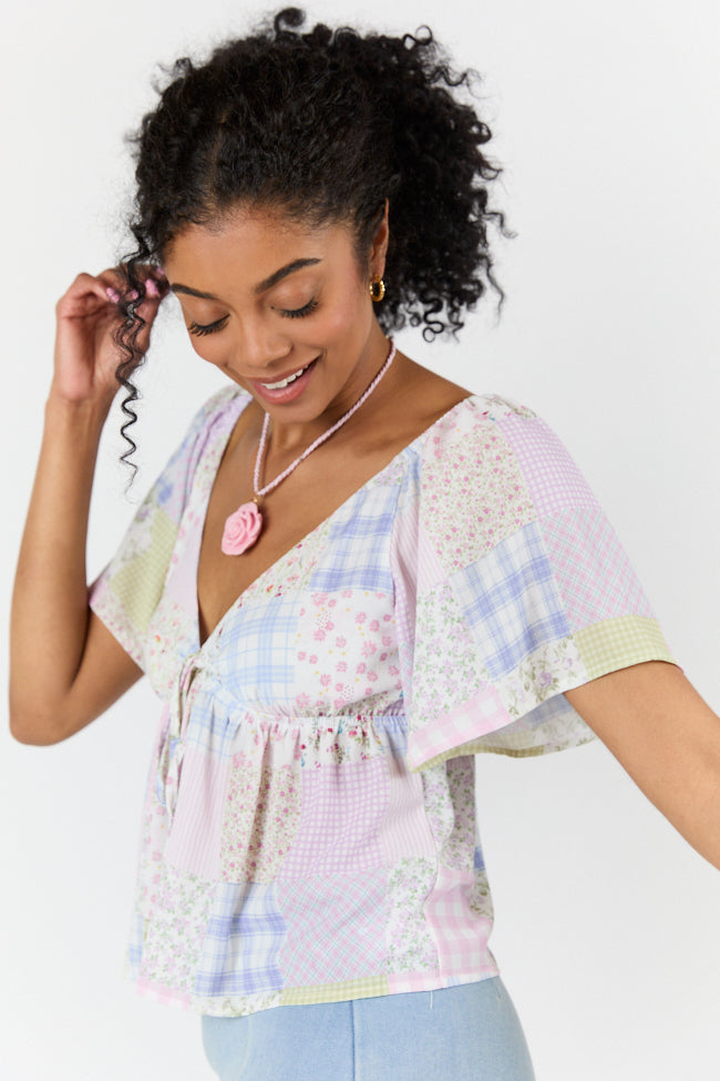 Luminous Days Multi Patch Print Short Sleeve Blouse for Women - Trendy Casual Summer Top - Perfect for Beach Outings, Music Festivals & Date Nights