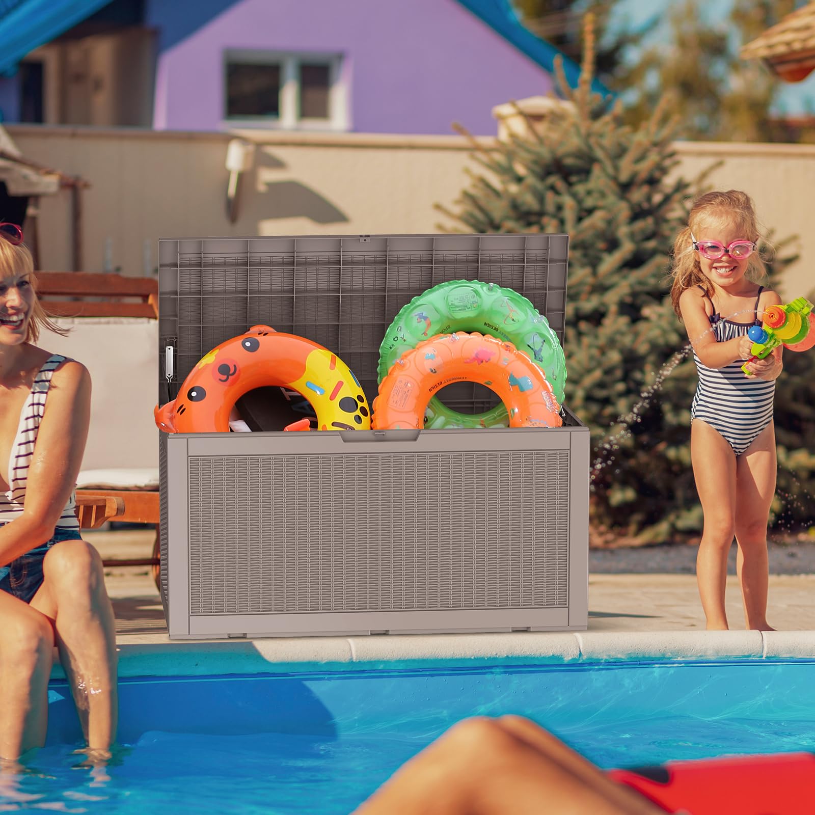 DRATO 100 Gallon Large Deck Box - Outdoor Waterproof Resin Storage Container for Patio Furniture, Cushions, Gardening Tools & Pool Supplies (660lbs Weight Capacity) - Perfect for Backyard, Garden & Poolside Organization