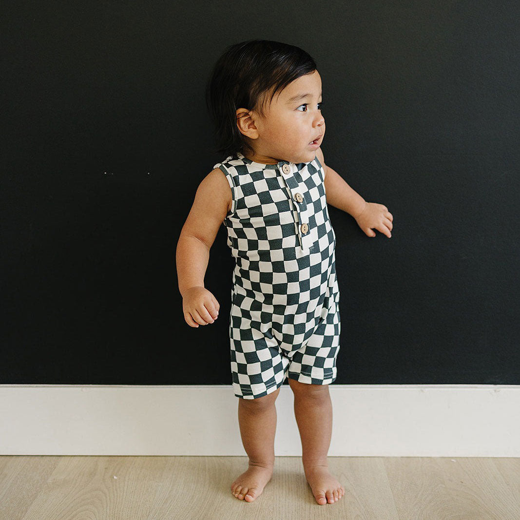 Charcoal Wavy Checkered Short Romper for Women - Stylish Summer Jumpsuit with Pockets, Comfortable Casual Outfit for Beach, Vacation & Outdoor Activities