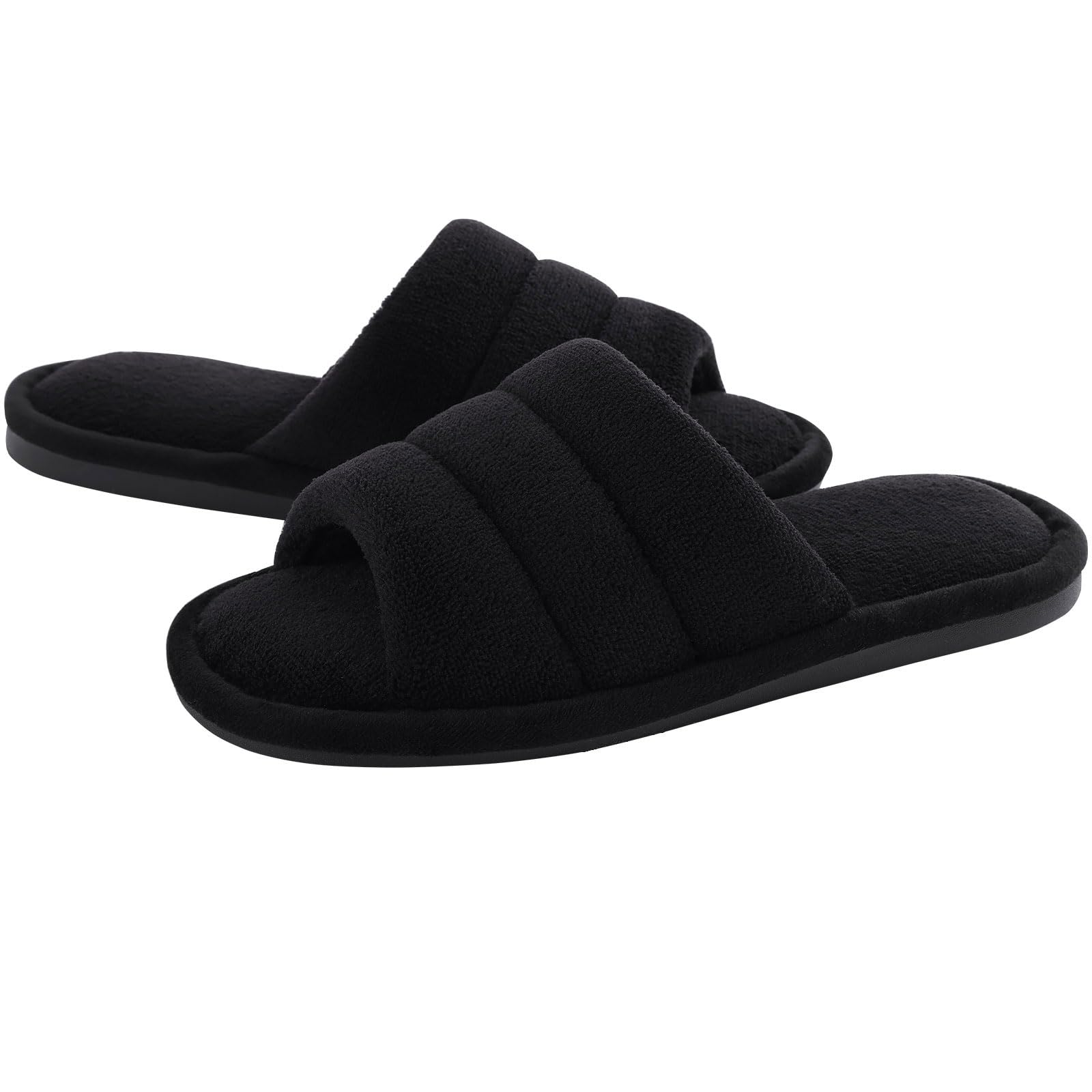 **Shevalues Women's Terry Cloth Open Toe Slippers with Memory Foam - Soft & Comfortable Slip-On House Shoes for Relaxing at Home, Spa, or Lounging**