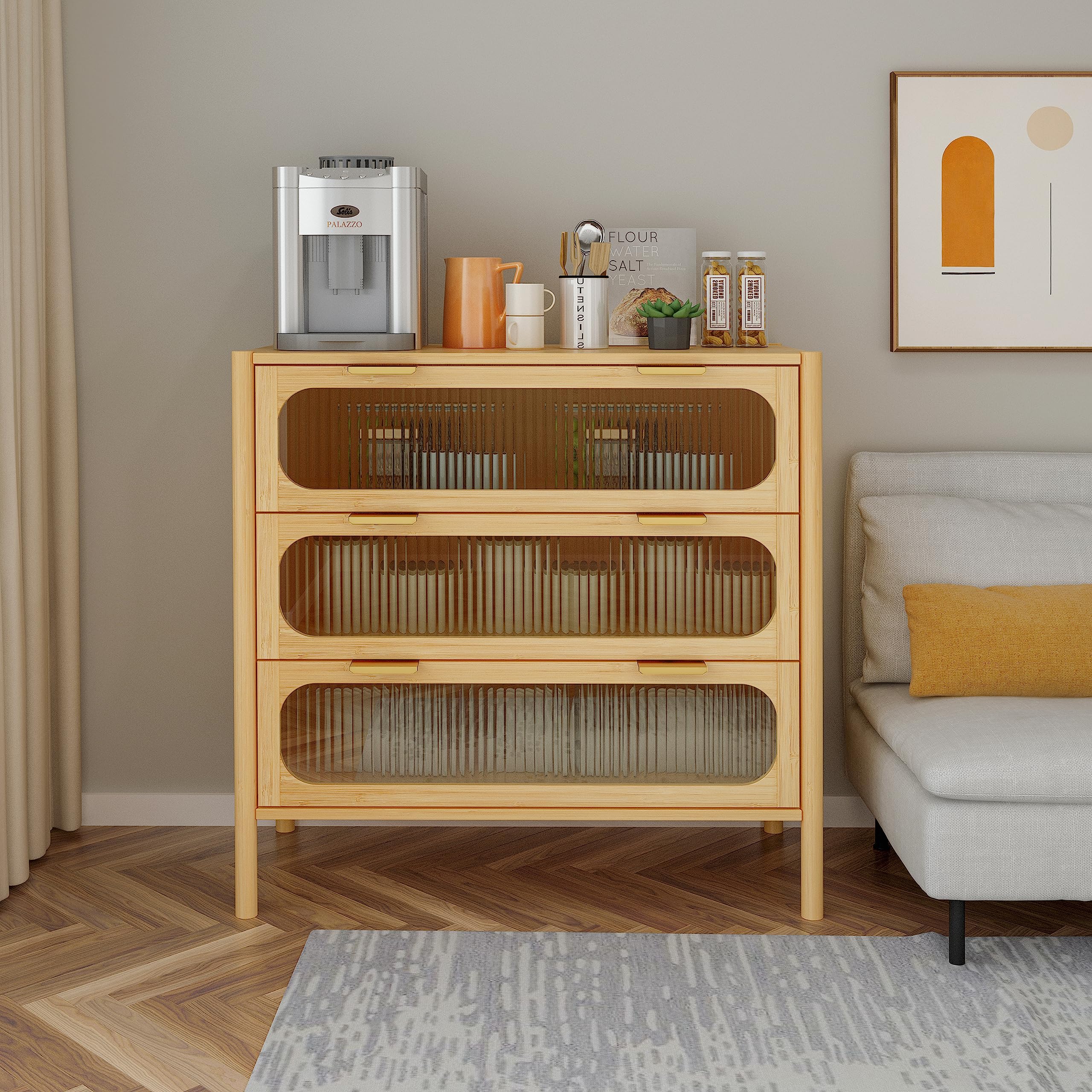 COCO DESIGN 3-Drawer Glass Dresser - Storage Cabinet for Bedroom, Living Room & Kitchen