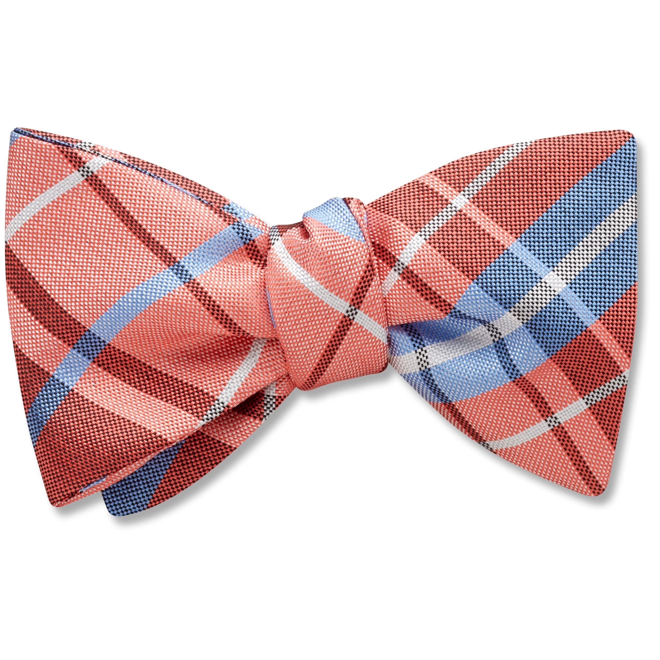 Mansfield Coral and Blue Plaid Men's Bow Tie - Handmade in USA | Perfect for Weddings, Prom & Formal Events