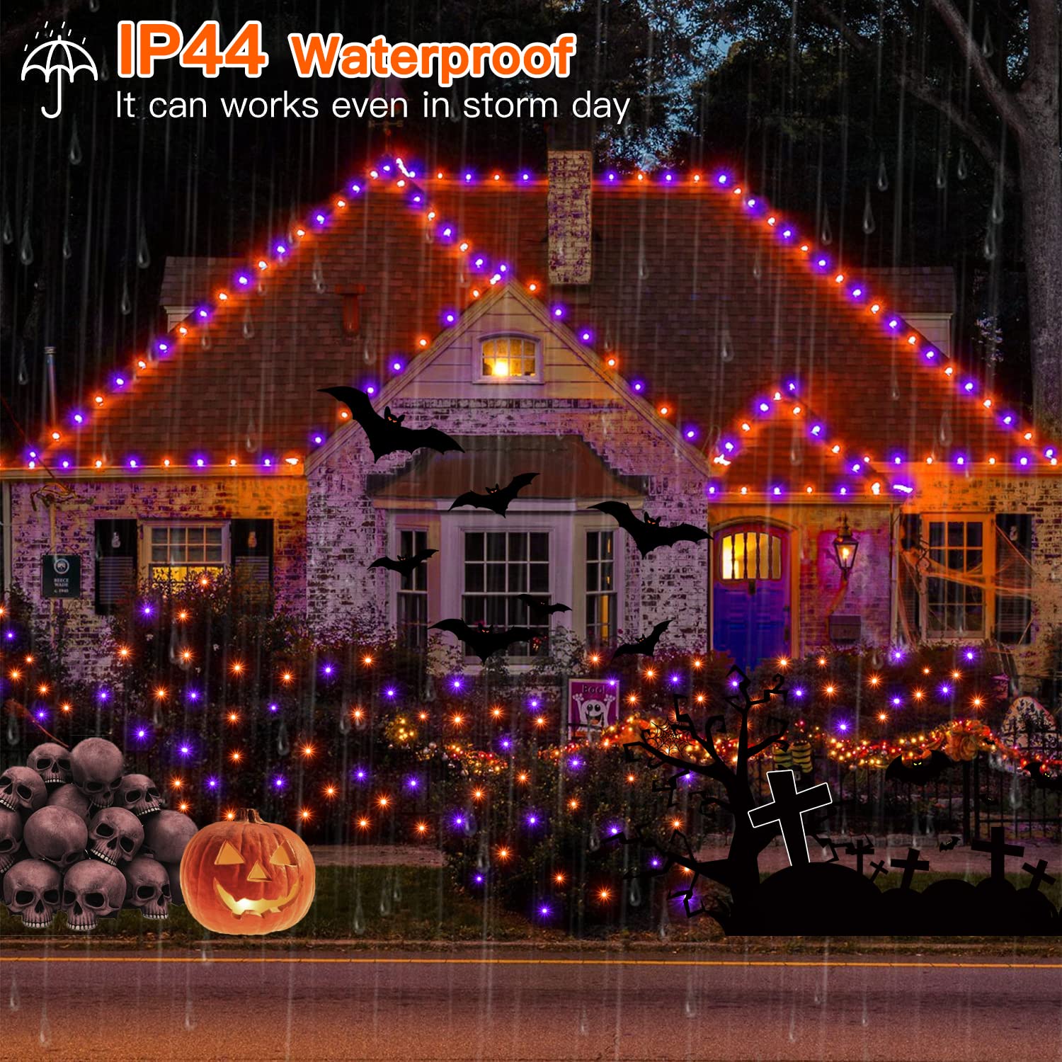 Ollny 60 FT 180 LED Halloween Lights Outdoor - Orange & Purple Waterproof String Fairy Lights with 8 Modes & Timer - Perfect for Halloween Party, Yard, Door Decorations - Also Great for Christmas & Holiday Lighting