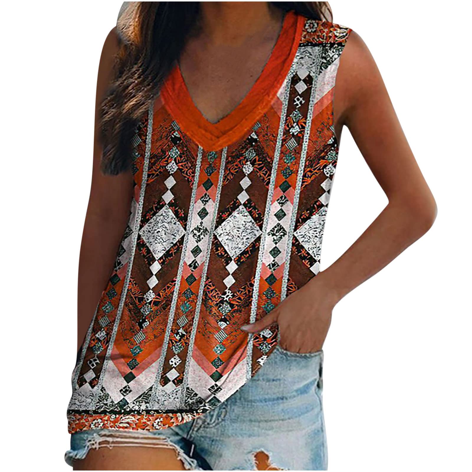 Women's Casual V-Neck Sleeveless Tunic Vest Tops - Summer Vintage Ethnic Graphic Tees & Loose Tank T-Shirts for Beach, Yoga, and Everyday Wear