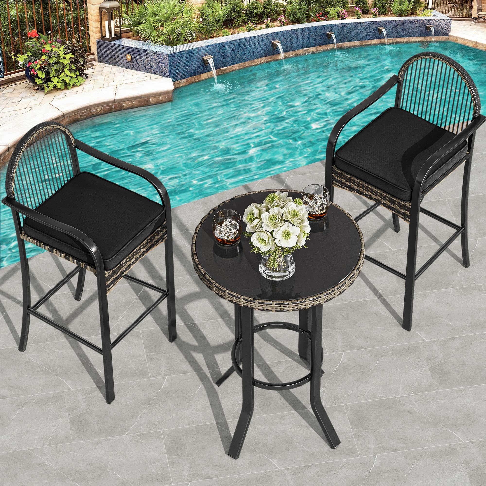 YITAHOME 3-Piece Outdoor Wicker Bar Height Set with Cushioned Barstools - Black Patio Bistro Furniture for Balcony, Poolside, Garden & Backyard - Perfect for Entertaining, Relaxing & Outdoor Dining