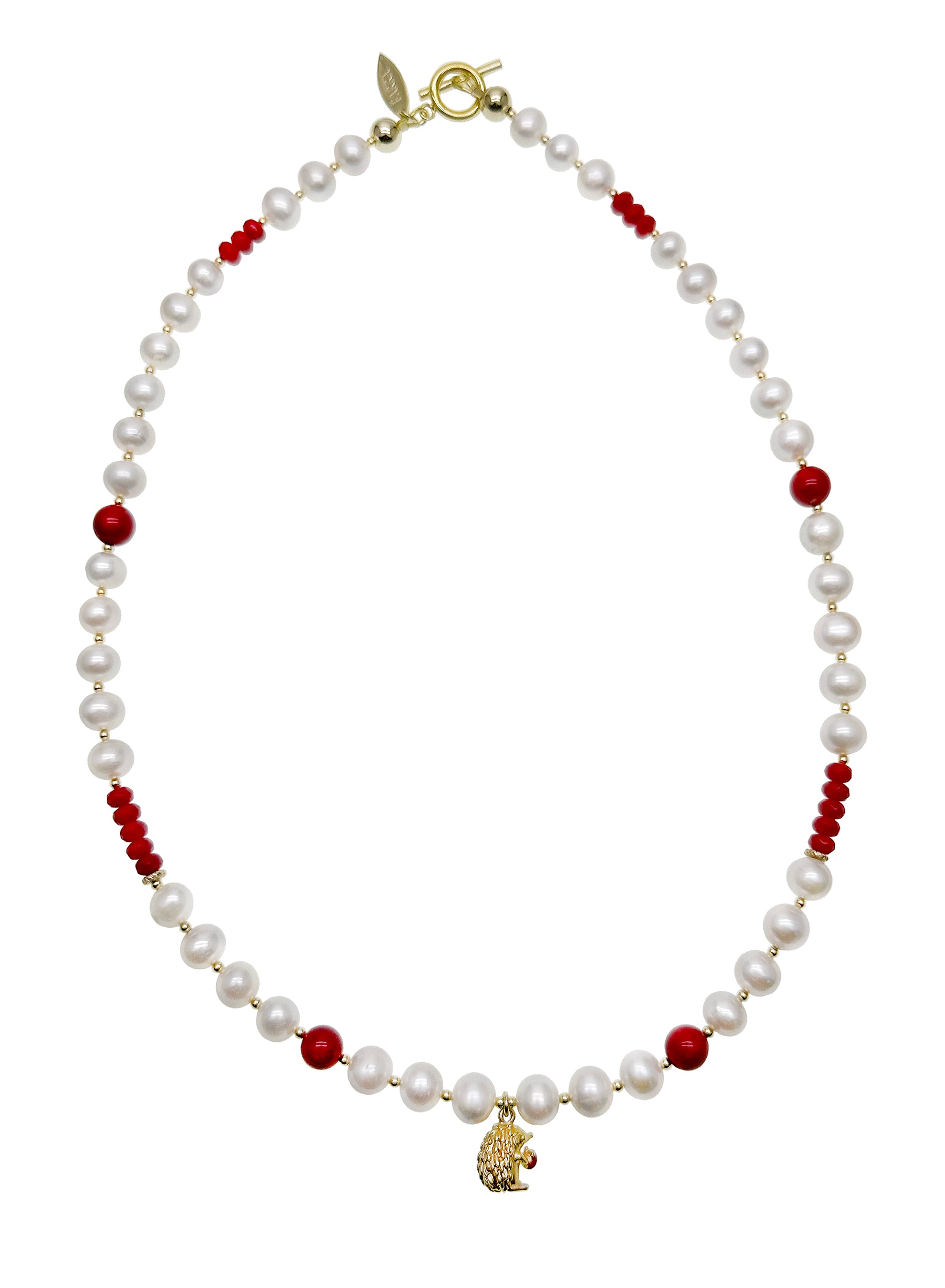 Freshwater Pearl & Red Bamboo Coral Hedgehog Charm Short Necklace KN050 - Elegant Gift for Women, Perfect for Parties & Special Occasions