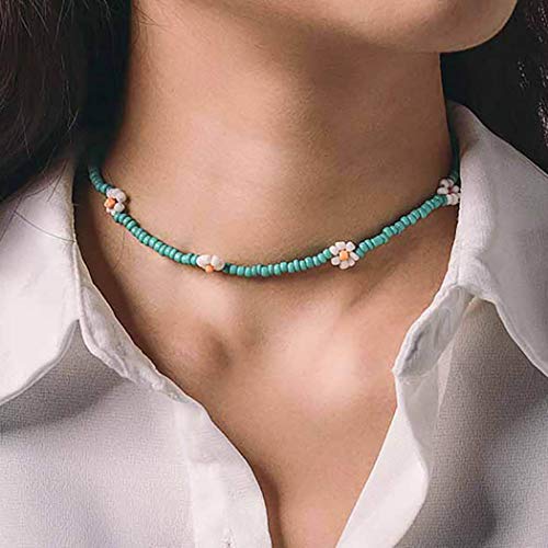Boho Daisy Green Seed Bead Choker Necklace - Sunflower Dangle Chain with Rice Beads | Summer Beach Jewelry for Women & Girls | Perfect for Music Festivals, Vacations & Boho Fashion