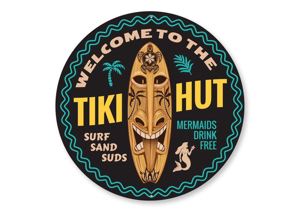 Tiki Hut Surfboard Sign - 18 Inch Round Beach Bar Decor for Tropical Party, Hawaiian Luau & Coastal Home Decoration