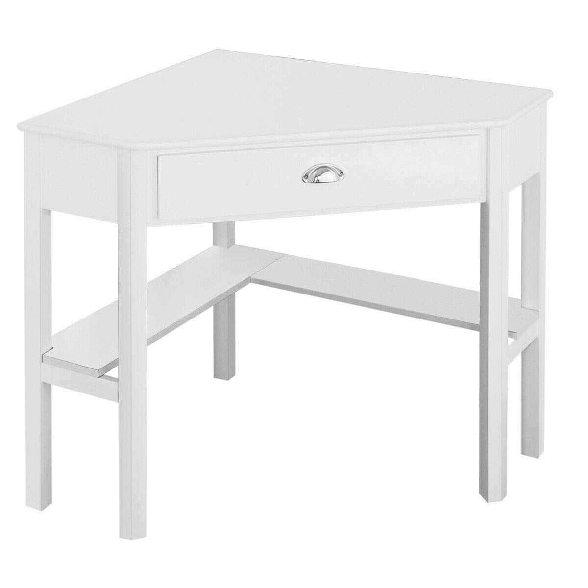 White Corner Computer Desk with Slide-Out Drawer & Storage Shelf - Compact L-Shaped Workstation for Home Office, Study, Gaming & Small Spaces - Perfect for Apartments, Dorm Rooms & Living Areas