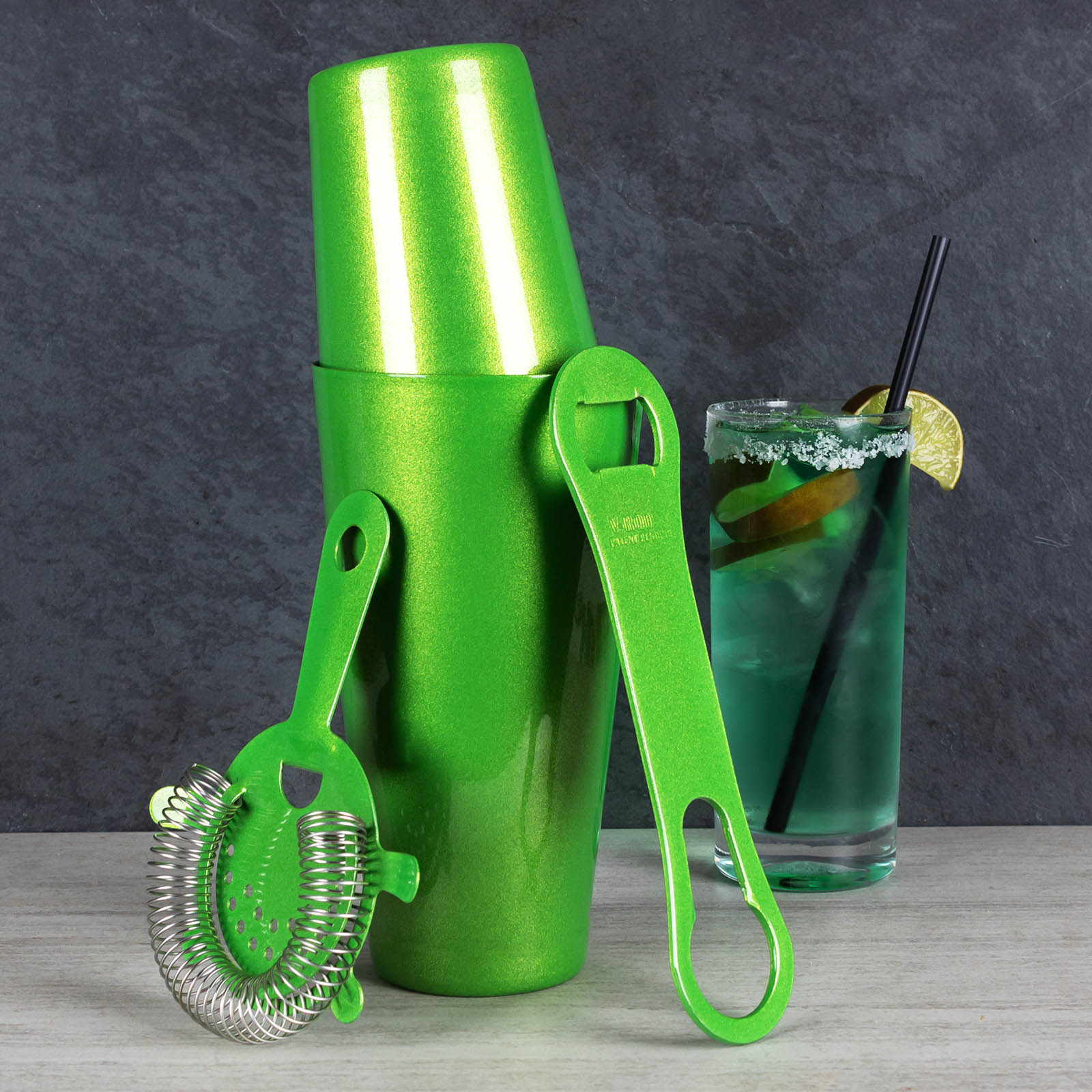 4-Piece Bar Set with V-Rod® in Shimmer Green - Perfect for Home Bars, Outdoor Patios, and Entertaining Guests