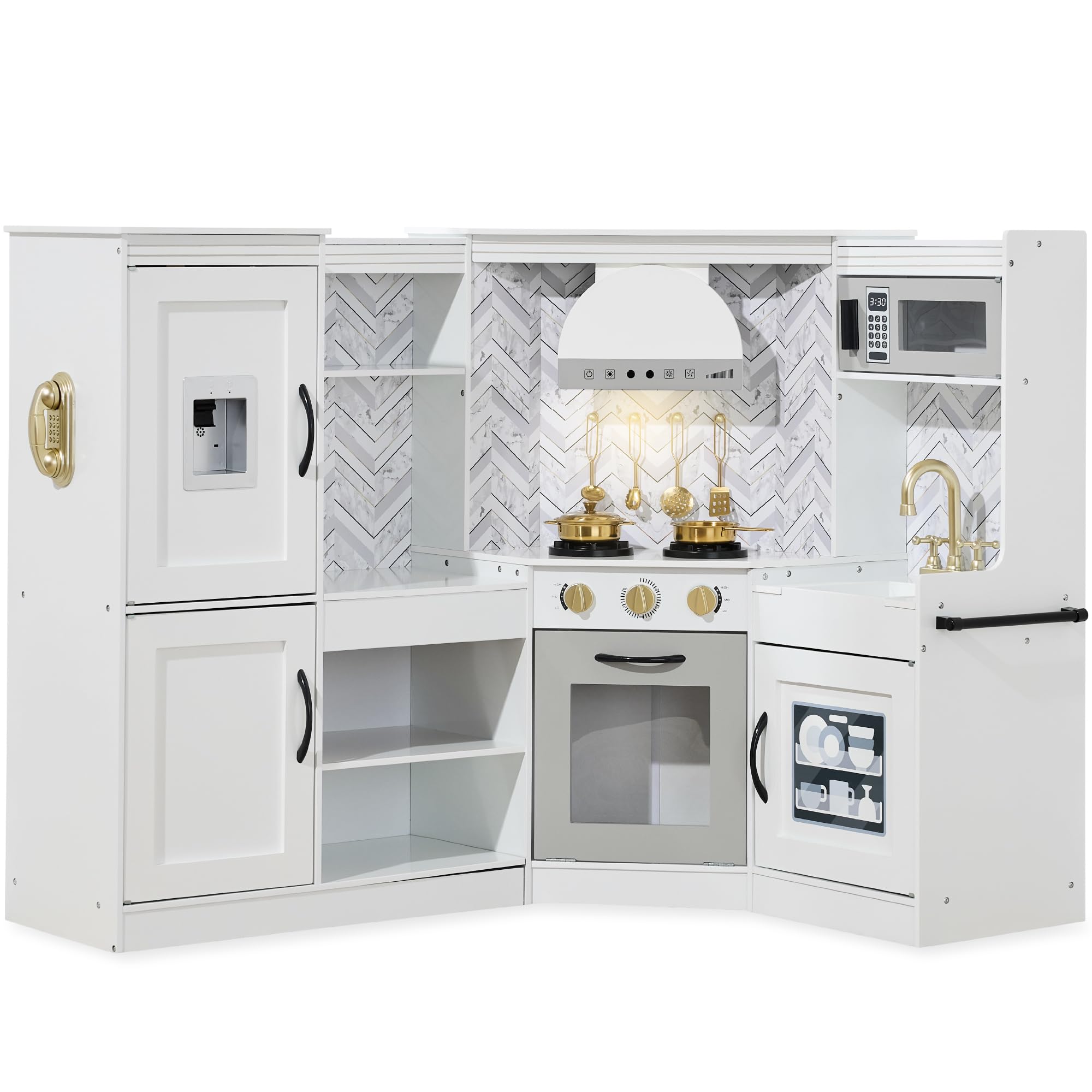 Best Choice Products Pretend Play Corner Kitchen Set - Interactive Wooden Kids Playset with Lights, Sounds, Ice Maker & Hood - White - Perfect for Toddler Role Play, Preschool Learning & Birthday Gifts