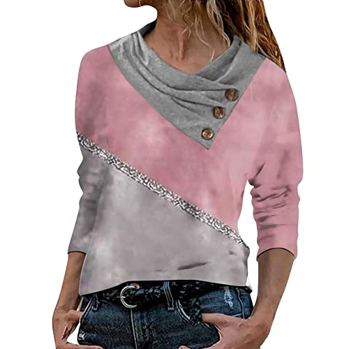 Women's Long Sleeve Cross Collar V-Neck Geometric Print Button-Up Blouse - Casual Comfortable T-Shirt Top for Everyday Wear (Pink, Large) | Perfect for Office, Date Night & Weekend Outfits