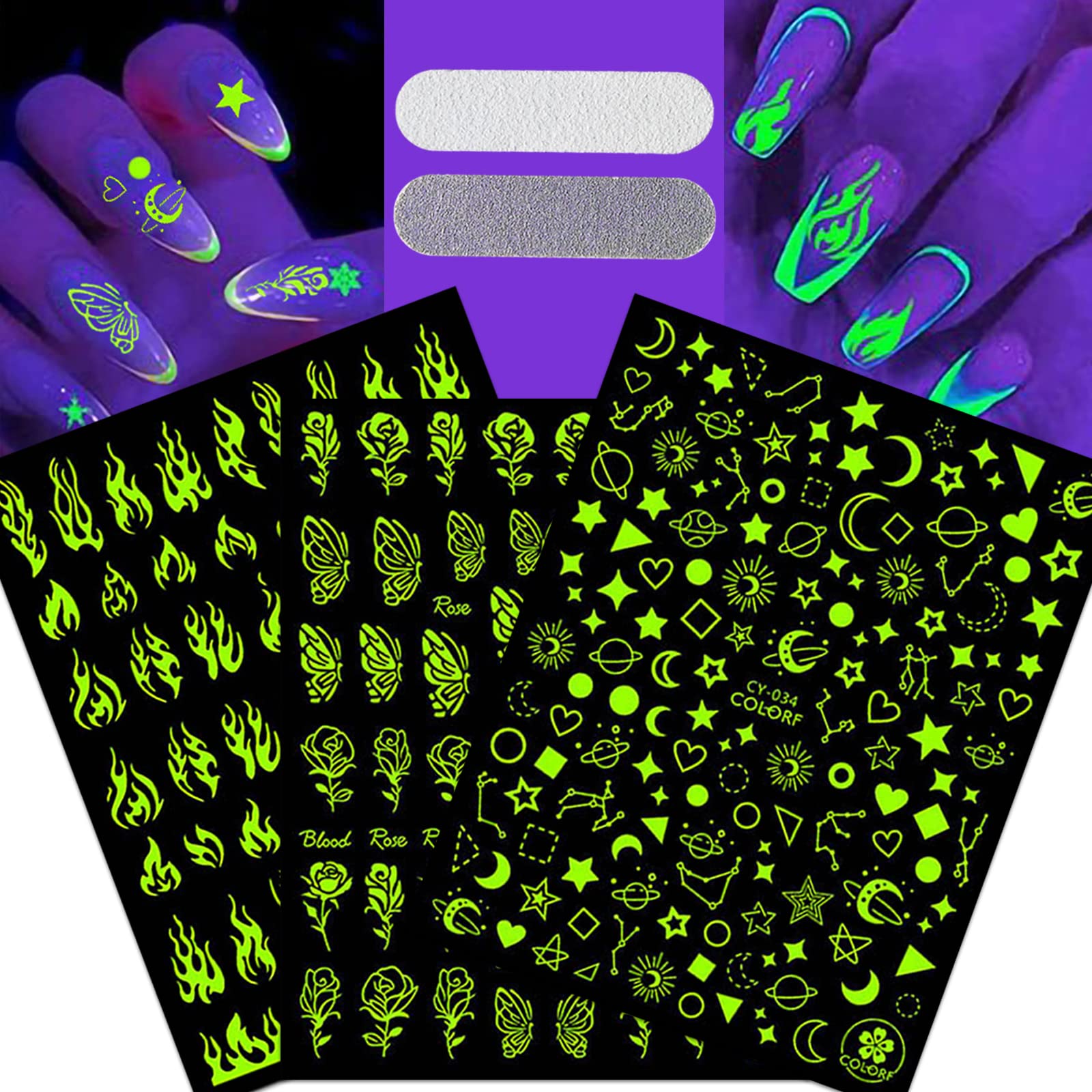 Glow in The Dark Nail Art Stickers - Self-Adhesive Flame, Stars, Moon, Flowers & Butterfly Nail Decals for Women & Girls (3 Sheets + 2 Nail Files) | DIY Nail Decorations for Parties, Halloween & Night Events