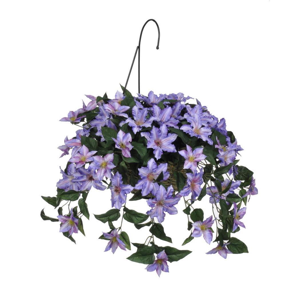 House of Silk Flowers Artificial Purple Clematis in White Water Hyacinth Hanging Basket - Perfect for Porch, Patio, and Garden Decor