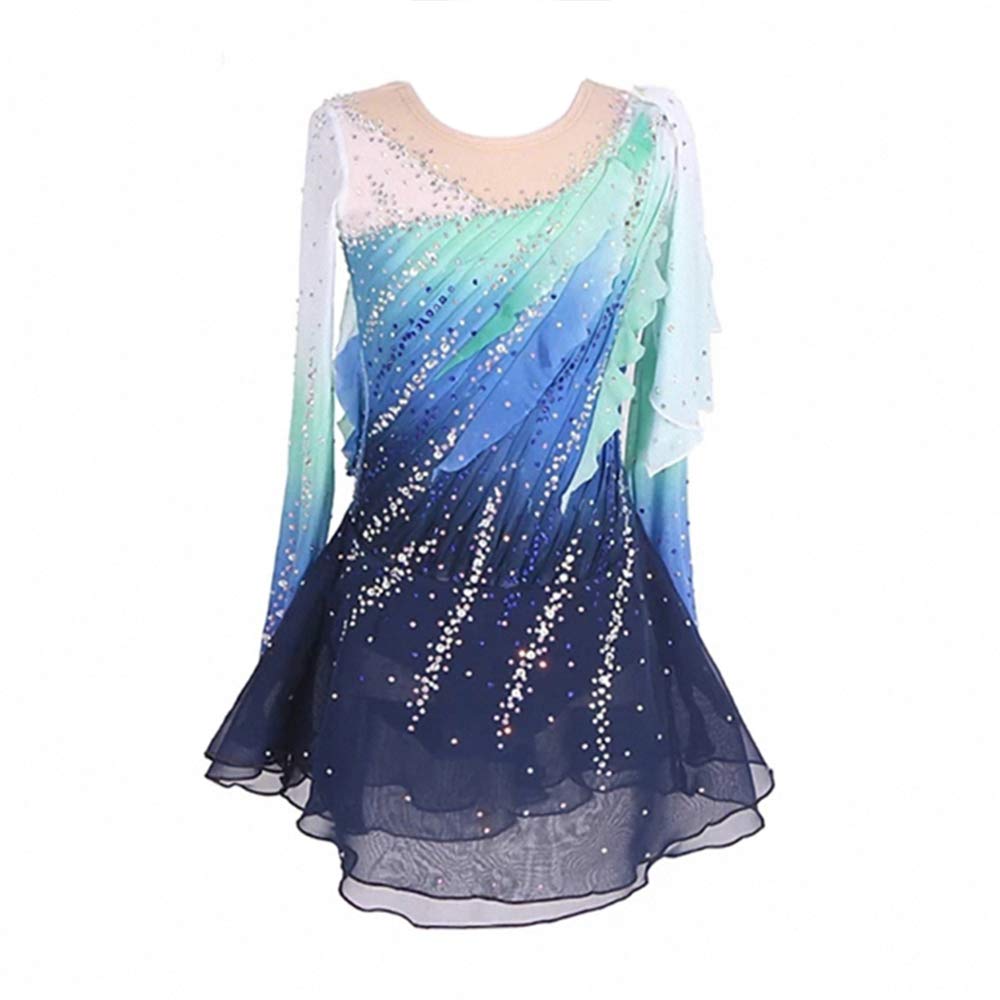 LIUHUO Girls Dance Dress with Gradient Blue Gems - Competition Performance Wear, Ice Skating Dress for Ballet, Gymnastics & Figure Skating