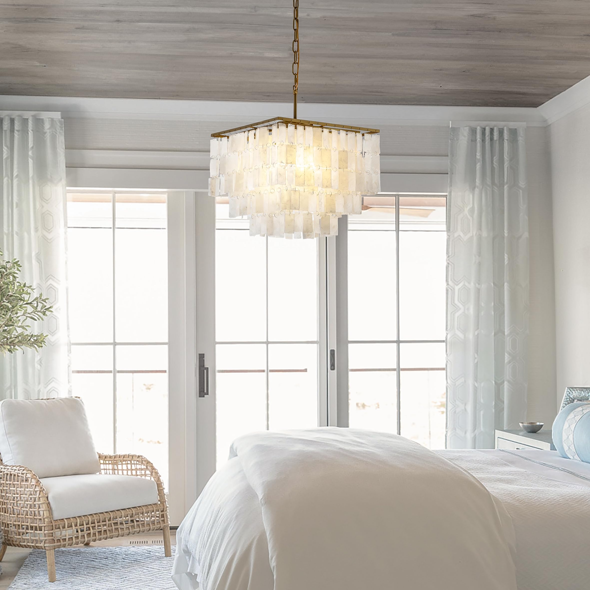 3-Light Square Antique Brass Chandelier with Rectangle Capiz Natural Seashells - Modern Farmhouse Ceiling Light Fixture - 15.7 Inch Wide - Perfect for Living Room, Dining Room, Bedroom, Foyer & Entryway Lighting