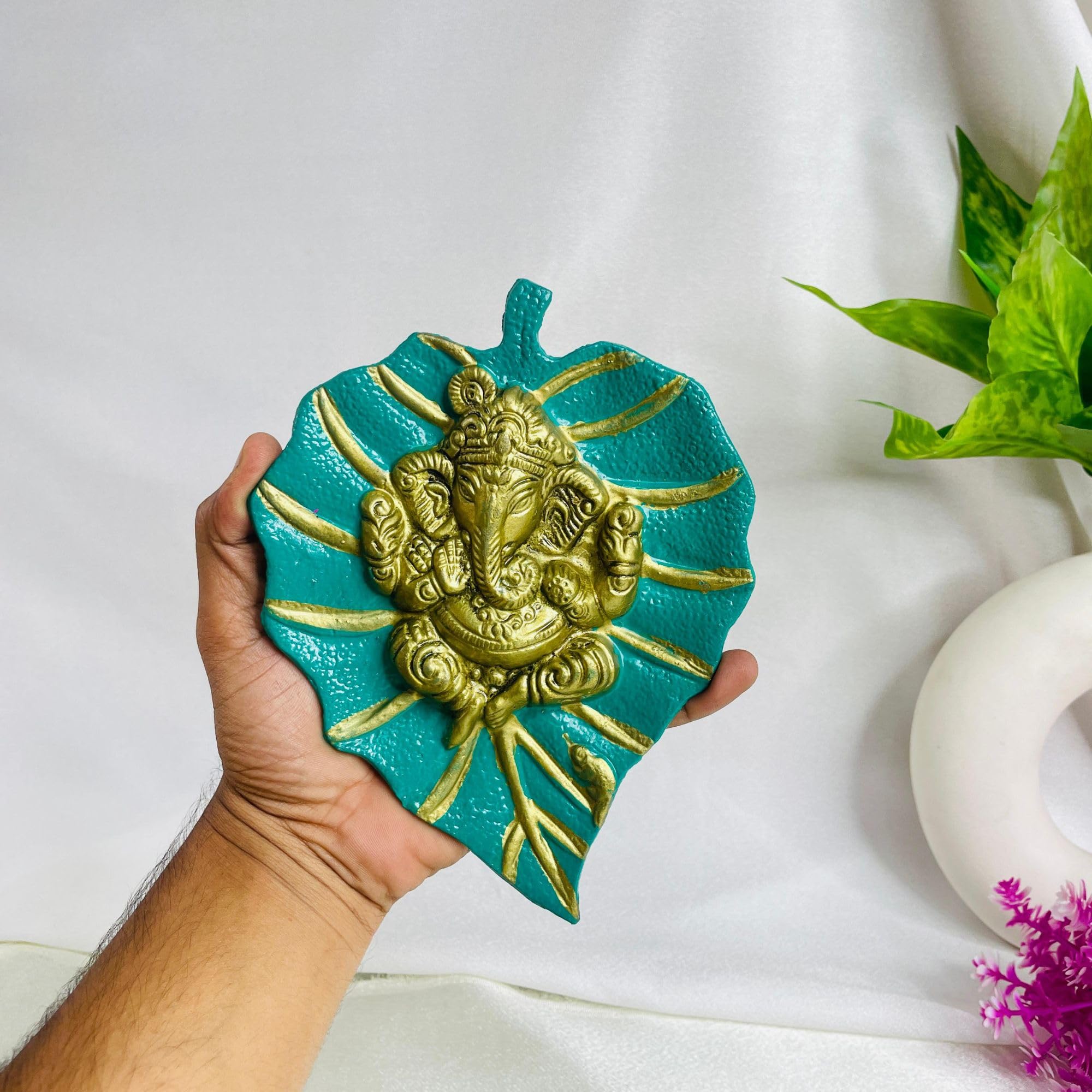 Charmy Crafts Metal Ganesha On Leaf Wall Hanging - Handmade Indian Home Decor for Living Room, Bedroom & Office - Perfect Housewarming Gift, Wedding Present & Spiritual Decor (Aqua Green) - Ideal for Meditation Spaces, Yoga Rooms & Cultural Home Accents