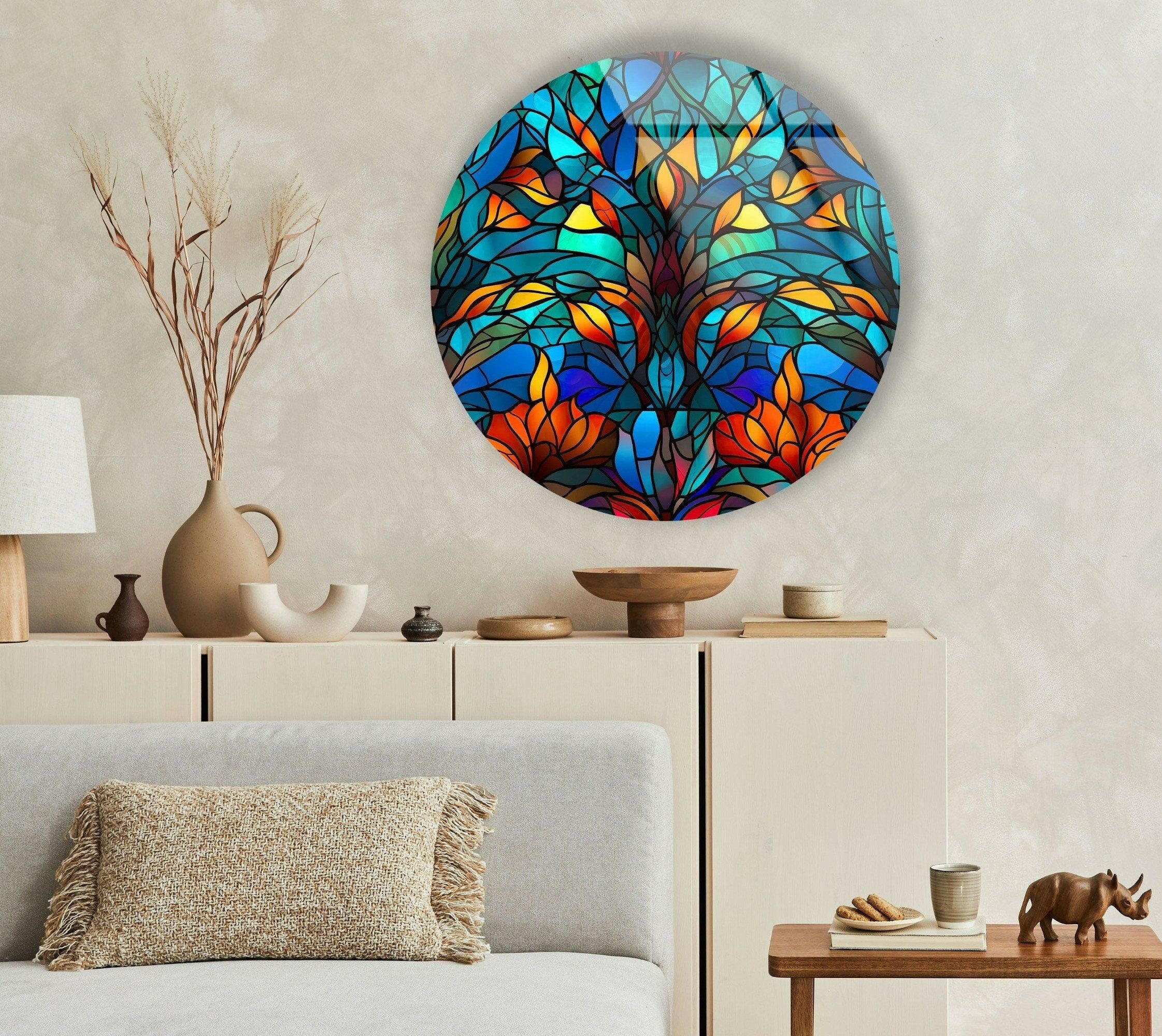 Blue Stained Glass Round Tree Wall Art - Handmade Home Decor for Living Room, Bedroom & Office