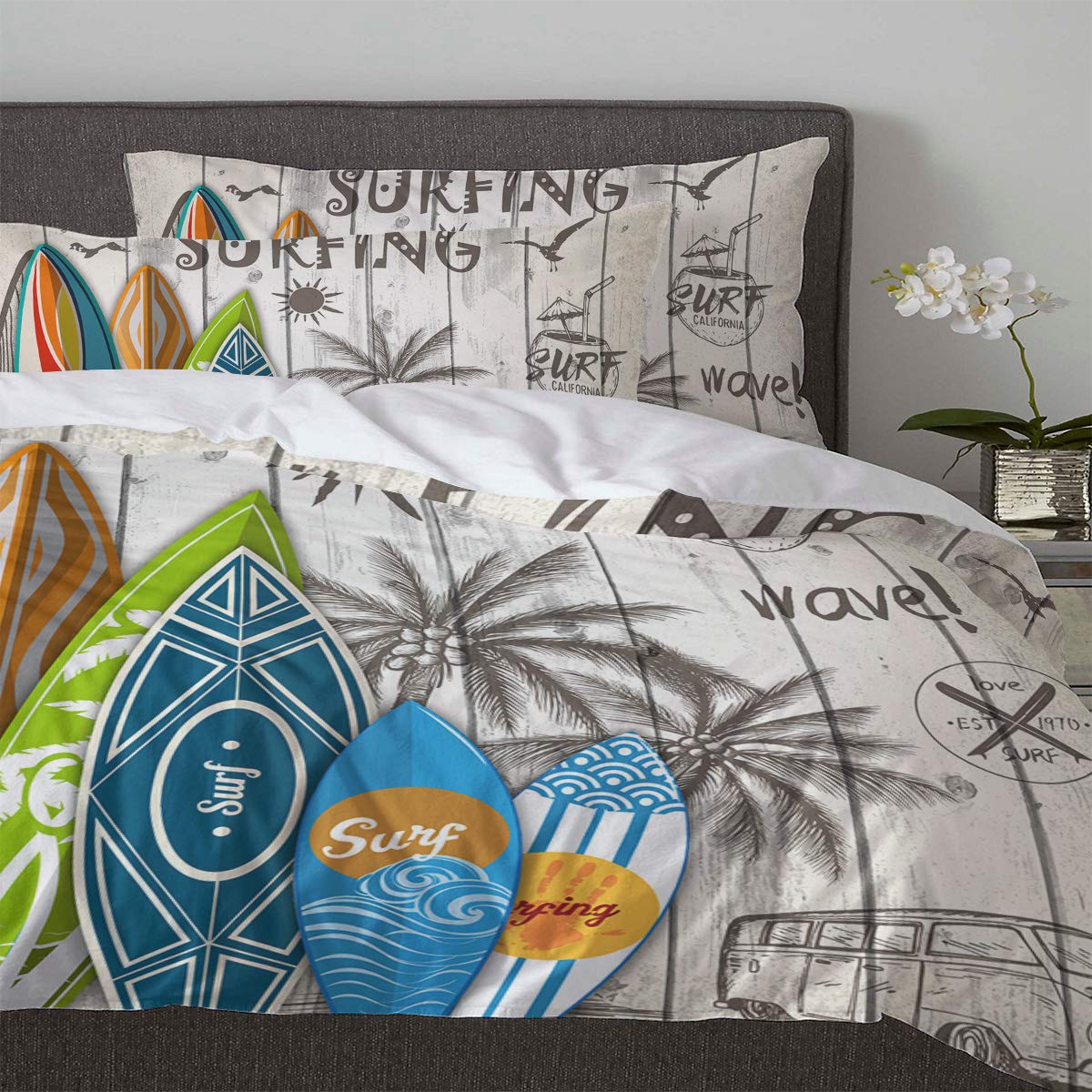 3-Piece Queen Size Floral Surfboard & Palm Tree Duvet Cover Set with Zipper Closure - Summer Wave Black Bedding for Kids, Teens & Adults | Perfect for Beach-Themed Bedrooms & Vacation Homes