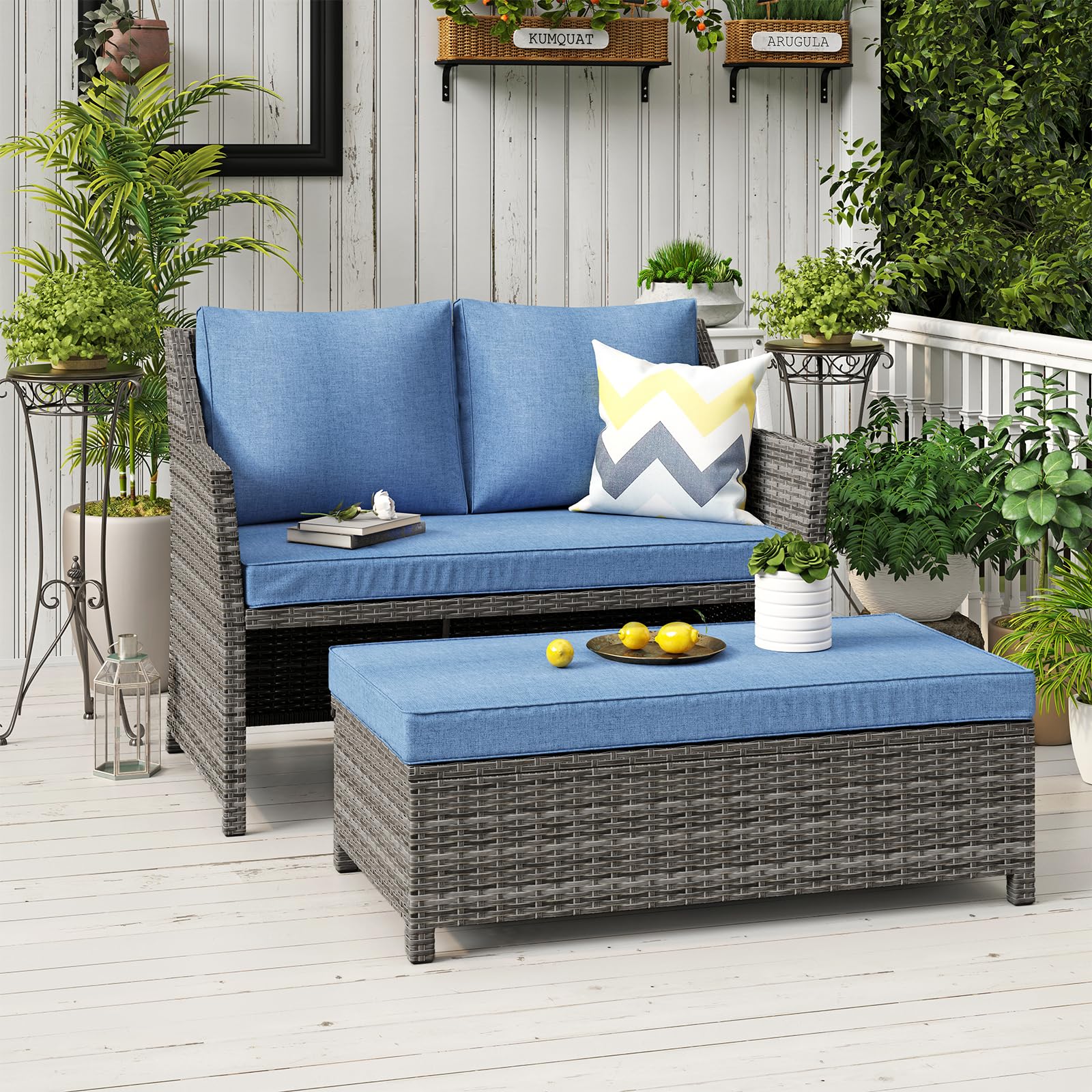 OC Orange-Casual 2-Piece Outdoor Patio Furniture Set - Wicker Loveseat & Coffee Table with Built-in Storage, Grey Rattan & Navy Blue Cushions - Perfect for Garden, Poolside, and Backyard Relaxation