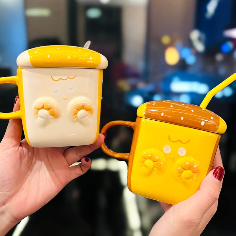 Strawberry Bunny Ceramic Coffee Mug with Lid and Straw - 400ml Cute Porcelain Cup for Adults & Kids - Perfect for Hot/Cold Drinks, Home, Office, and Gifts (Brown Bread Design)
