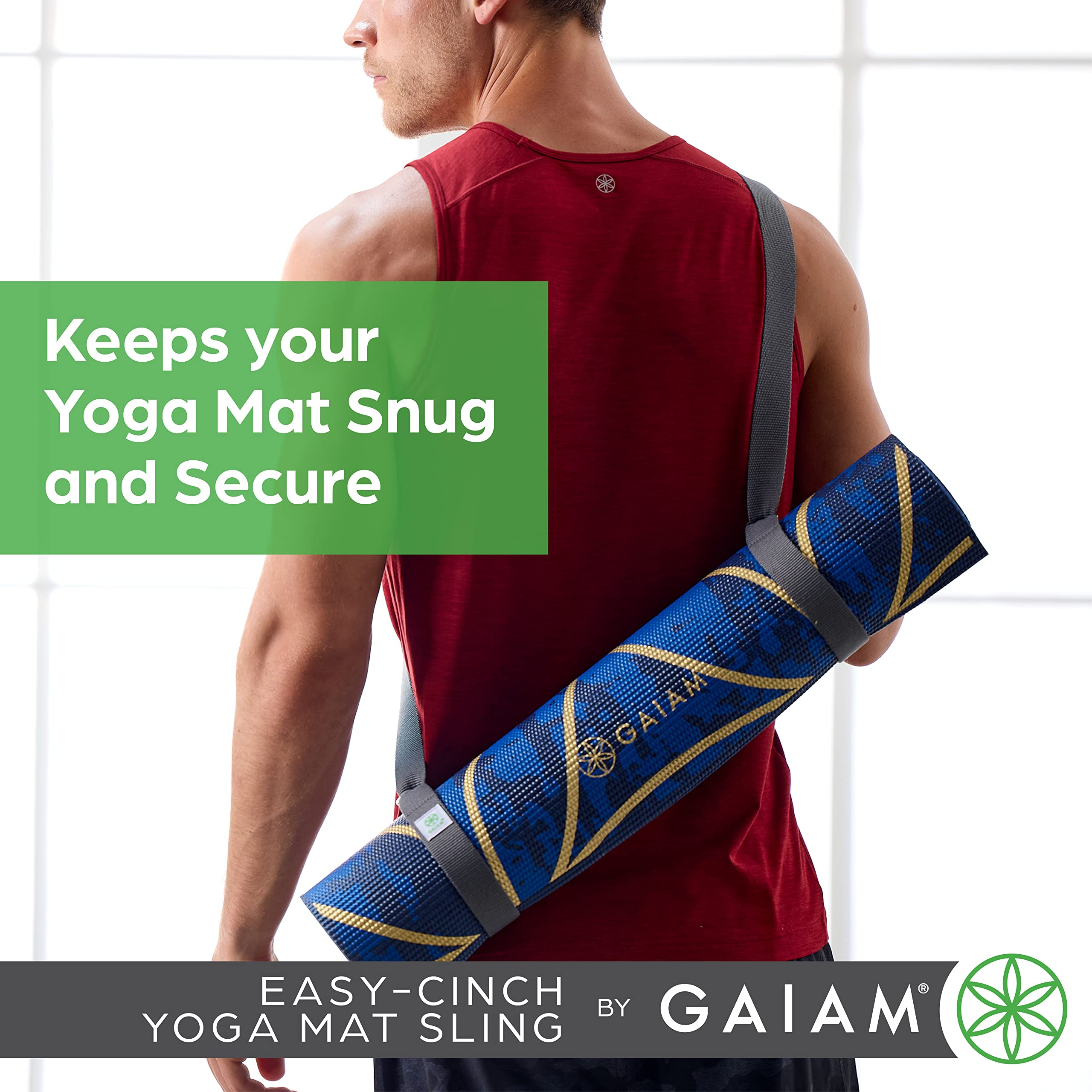 Gaiam Easy-Cinch Yoga Mat Sling - Durable Adjustable Carrying Strap with Metal D-Rings for Secure Fit | Perfect for Yoga, Pilates & Gym | Convenient Hands-Free Transport (No Mat Included)