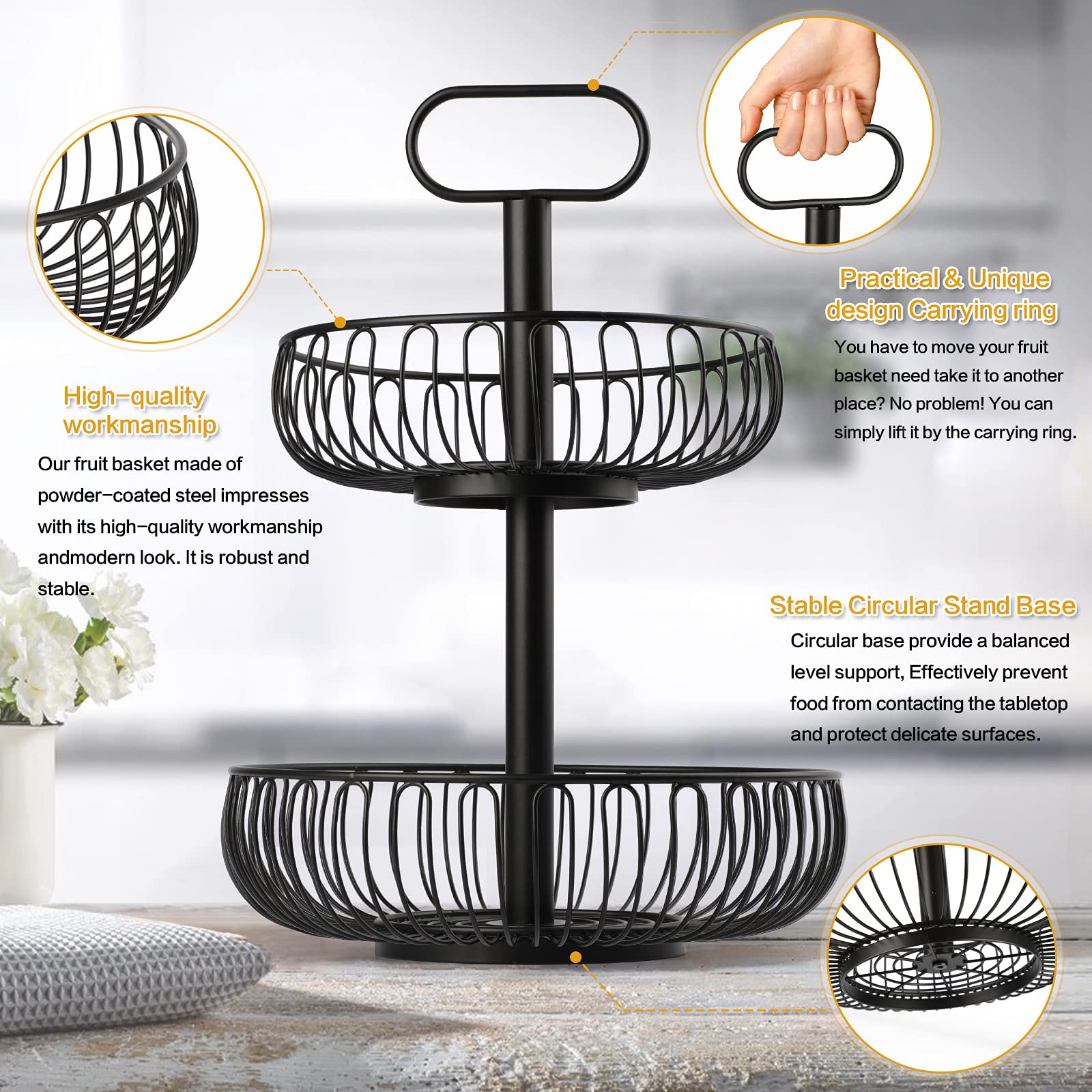 Seiko 2-Tier Black Fruit Basket Bowl - Large Capacity Rust-Proof Kitchen Counter Fruit Tray Rack, Multifunctional Storage for Fruits, Vegetables & Snacks - Perfect for Dining Tables, Pantries & Countertop Organization