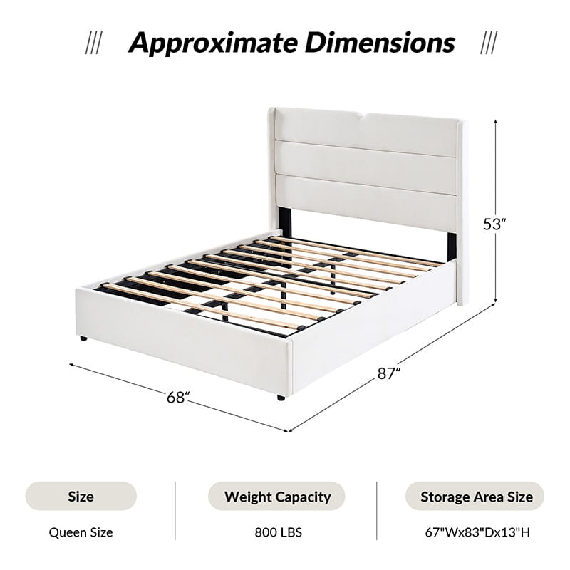Rudolph Lift Up Storage Upholstered Platform Bed Frame with Hydraulic System - Queen Size Bed with Underbed Storage for Small Spaces, Bedroom Furniture for Modern Homes