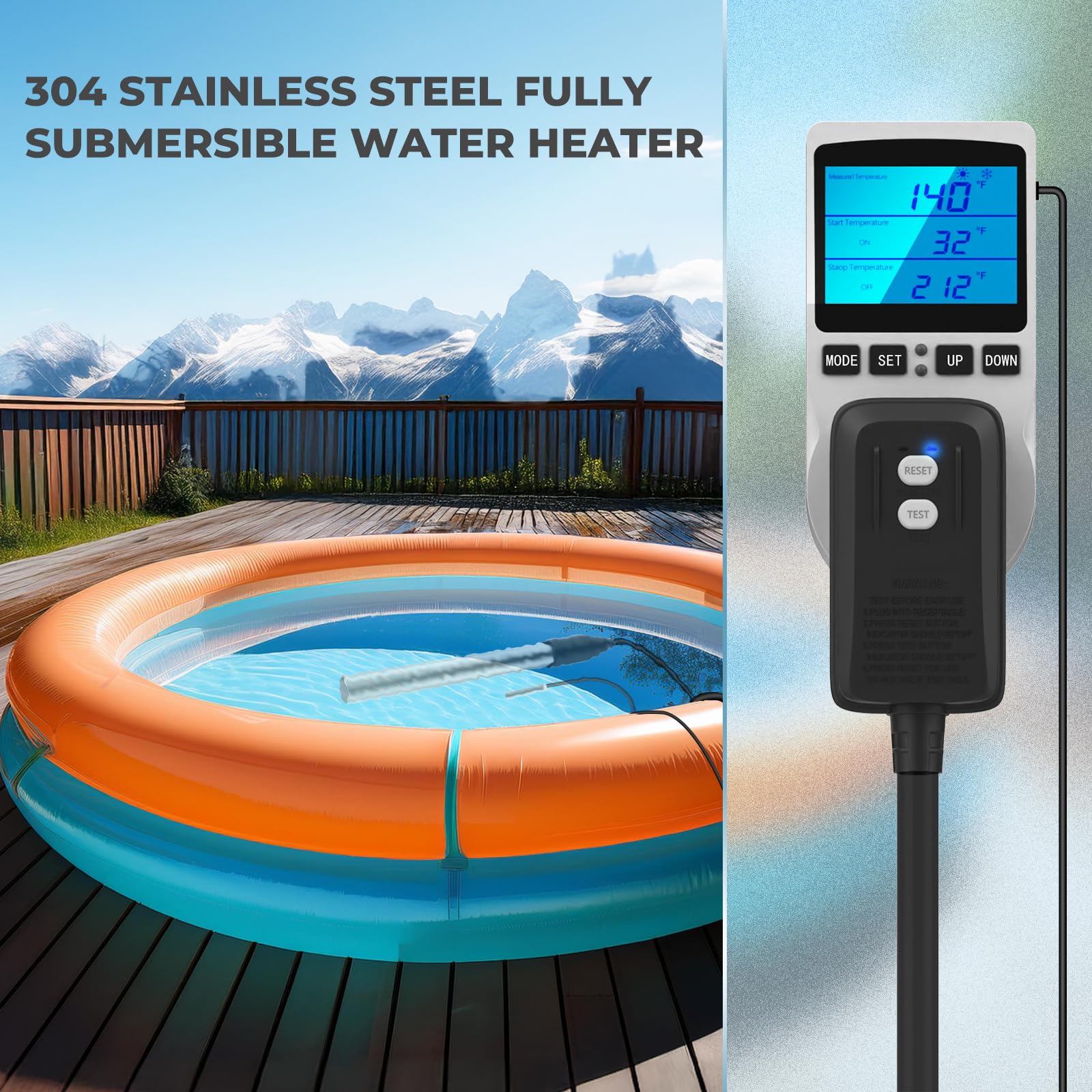 1800W Submersible Water Heater for Pools - Adjustable Thermostat & GFCI Protection - Perfect for Above Ground Pools, Inflatable Pools, Stock Tanks & Bathtubs - Fast Heating Immersion Heater for Swimming & Outdoor Water Use