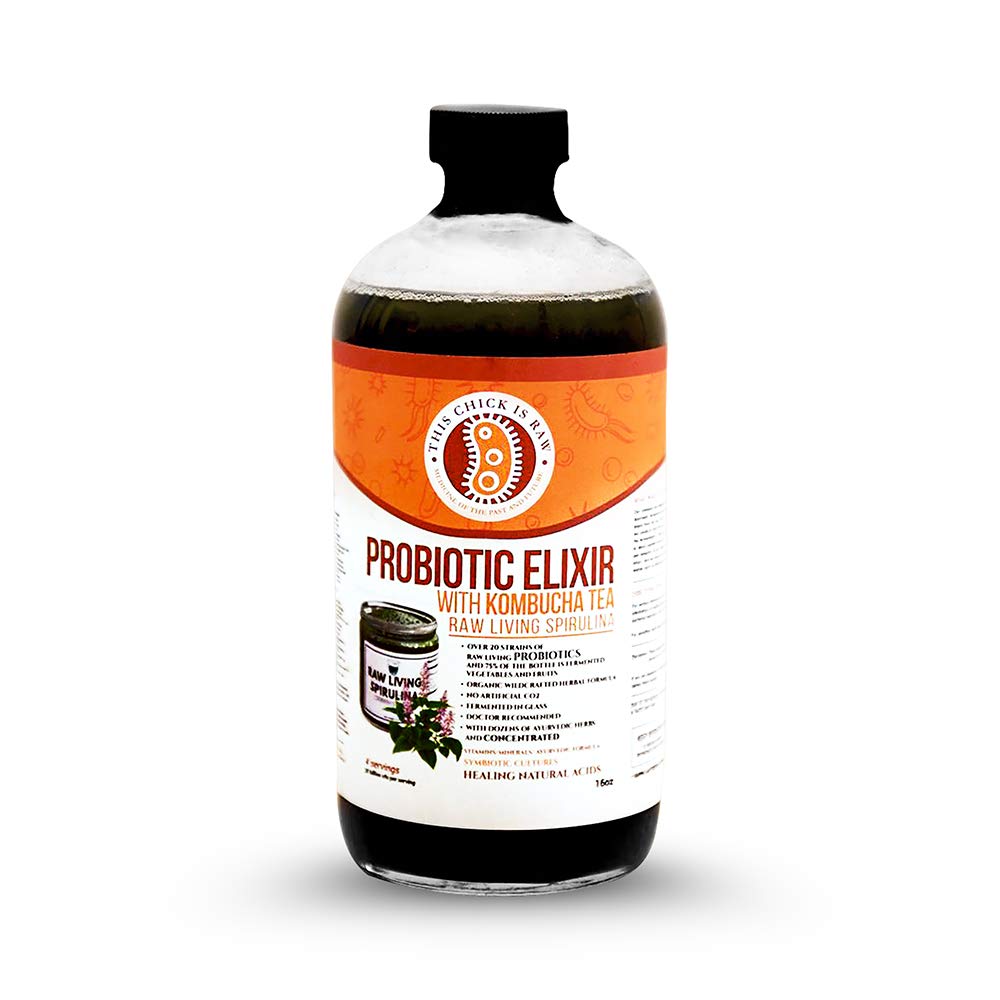 Organic Raw Living Spirulina Probiotic Elixir with Kombucha Tea – 1 Gallon (4 x 32 oz) – Supports Gut Health & Digestion – Vegan, Non-GMO, Gluten-Free – Perfect for Smoothies, Detox & Daily Wellness Routine