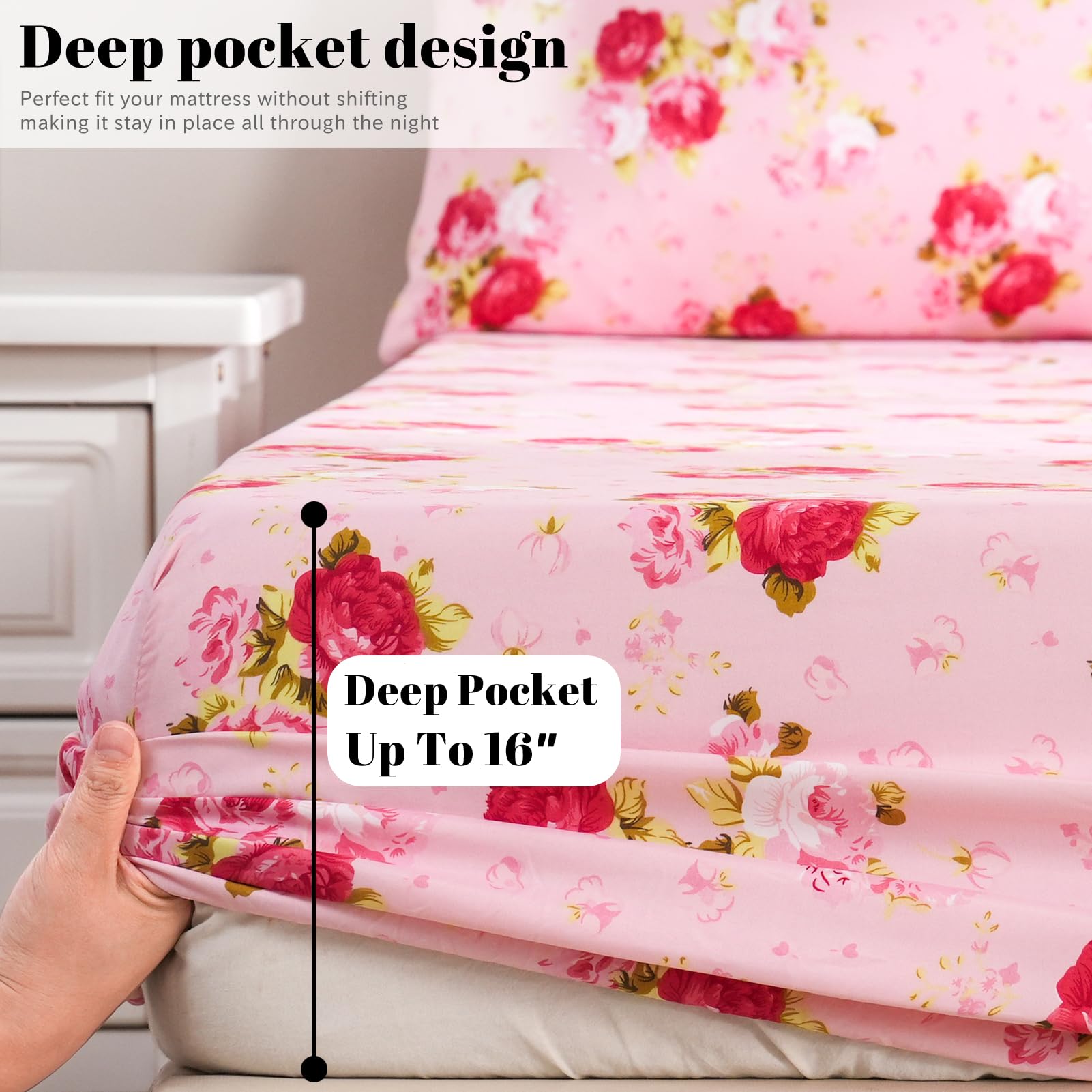 Bedlifes Queen Sheet Set - Ultra Soft & Breathable 100% Microfiber Bedding, 4-Piece Silky Floral Design with Deep Pockets (Queen Size, Pink/Red Rose) - Perfect for Master Bedrooms, Guest Rooms & Cozy Sleep